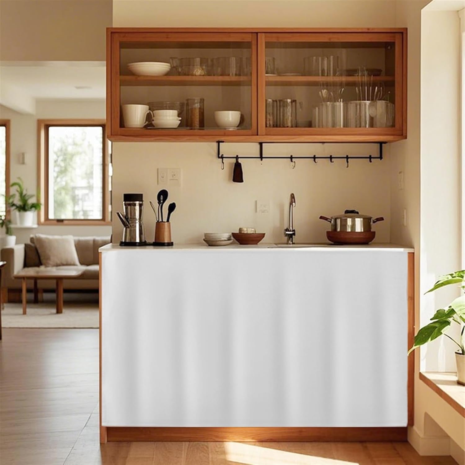 Sink Skirt for Kitchen, Waterproof Cabinet Curtains Self Stick Adhesive Under Desk Privacy Drape for Laundry Room, White, 52" W x 97" L