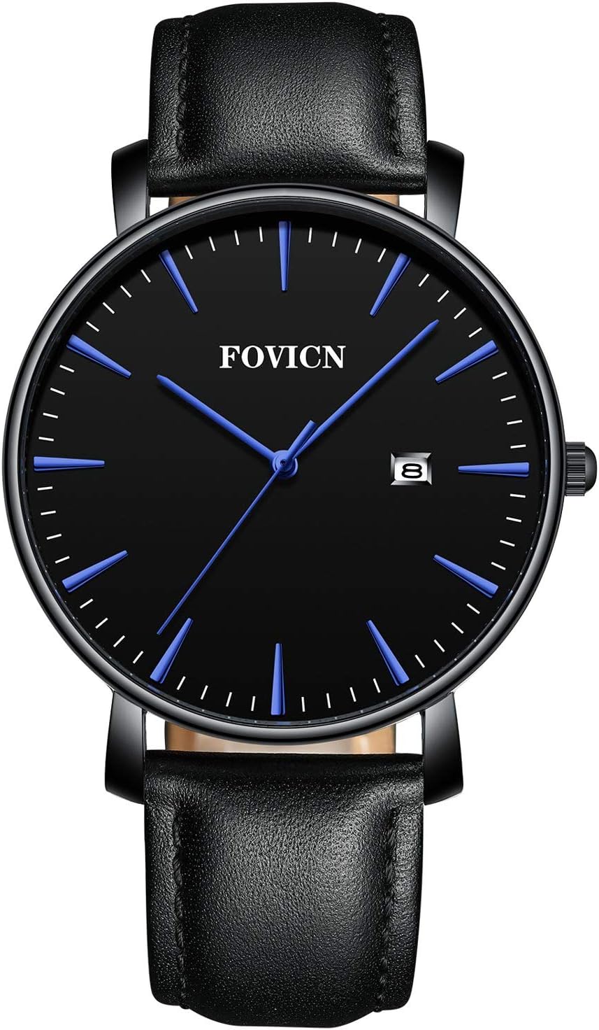 FOVICN Men's Sport Quartz Analog Watch Waterproof with Leather Band Calendar Fashion Wrist Watches for Man