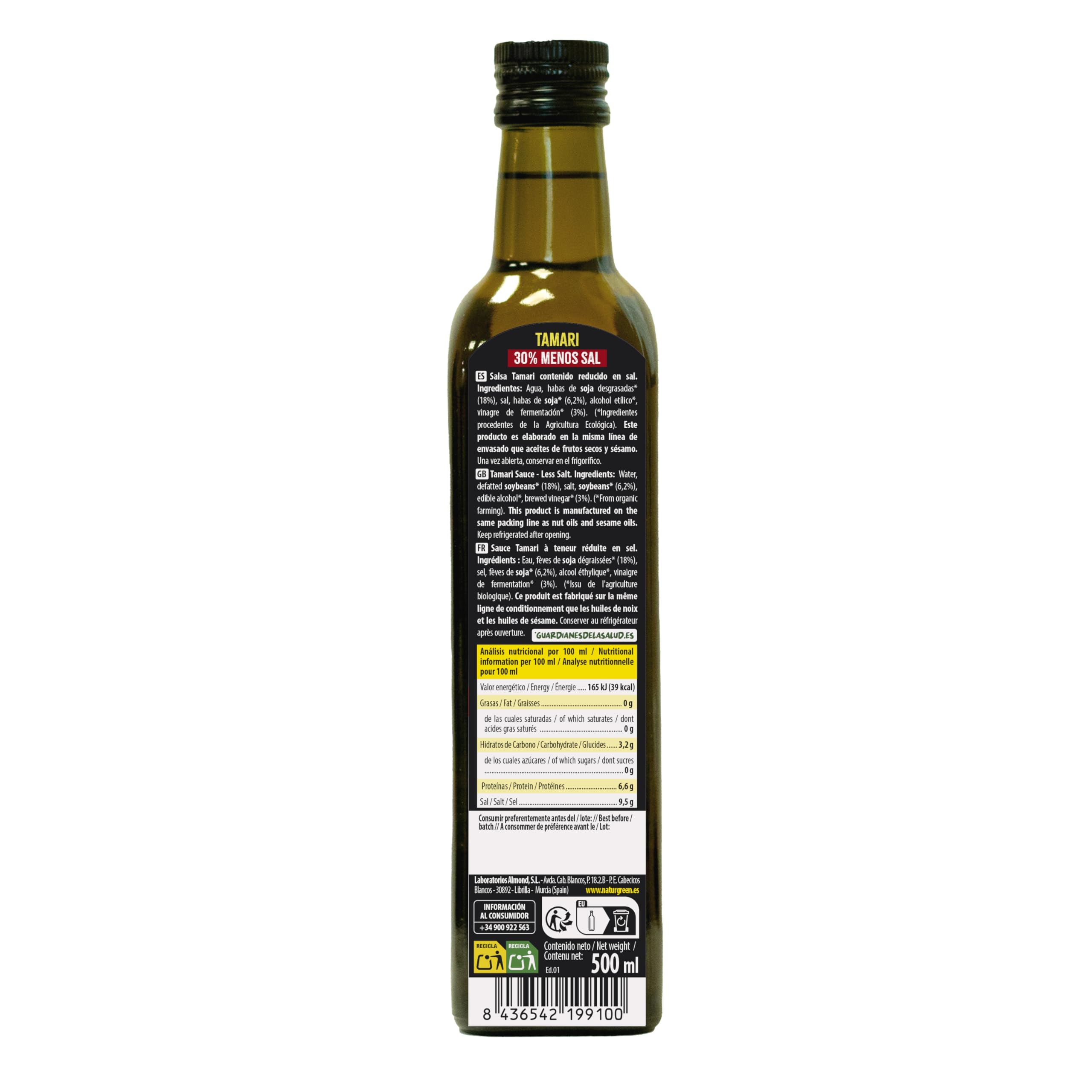 NaturGreen - Salsa De Soja Tamari Bio, Pack 6 x 500 ml, Contenido Reducido en Sal, Sabor Suave y Exotico, Ecológica, Vegano, Sin Lácteos, Ideal Para Cocina Asiática