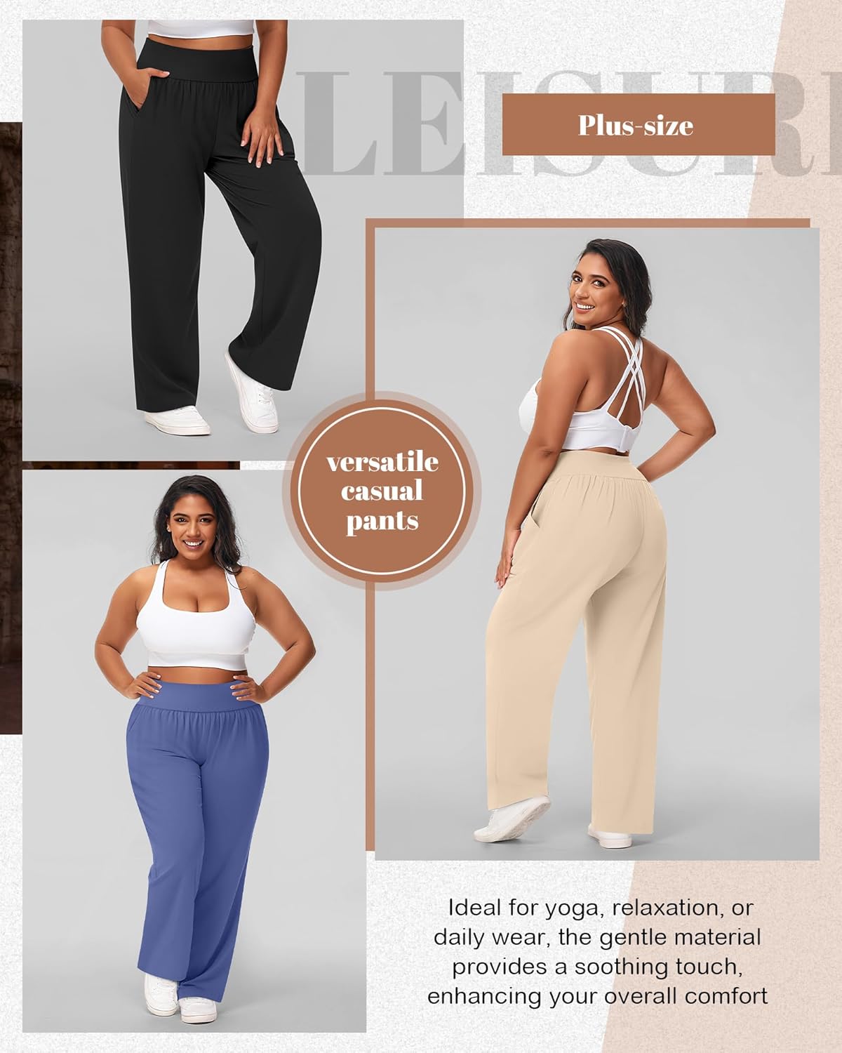 Neer 3 Pack Women Plus Size Wide Leg Yoga Pants High Waist Sweatpants Plus Size Palazzo Pants Lounge with Pockets - Image 6