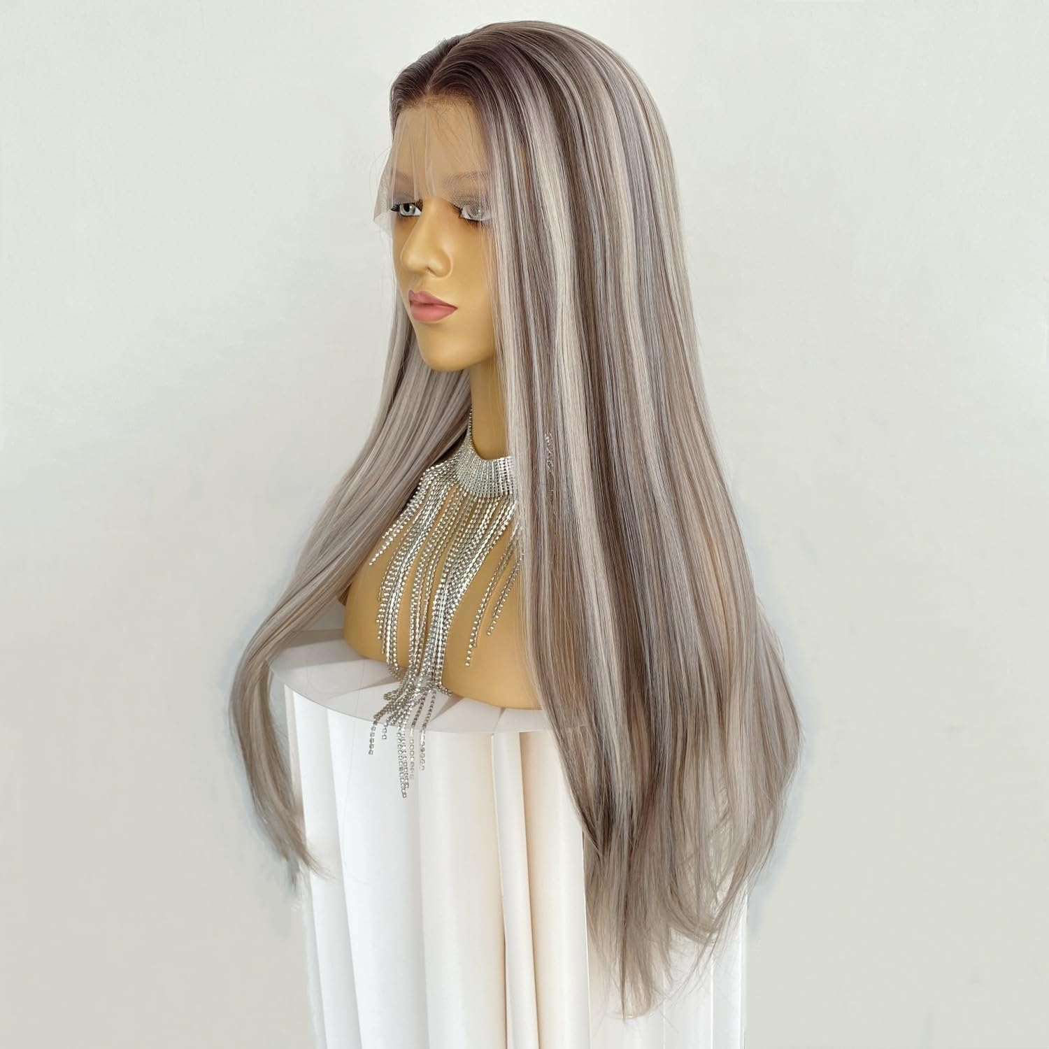 Ash Blonde Highlight Brown Color Wig 13x4 Lace Front Wigs Long Natural Straight Synthetic Fiber Hair 24Inch Pre Plucked for Women