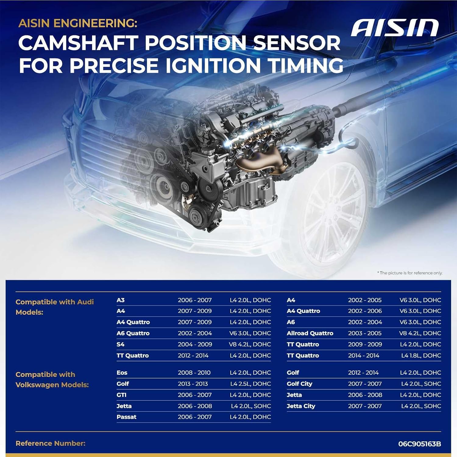 AISIN AFTERMARKET CMSVG-00183 Camshaft Position Sensor - Compatible with Volkswagen Passat 06-07, Jetta 06-08, Golf 12-14, Golf City 07, Eos 08-10, Audi A4 02-05 07-09, A3 06-07, A4 Quattro 02-09