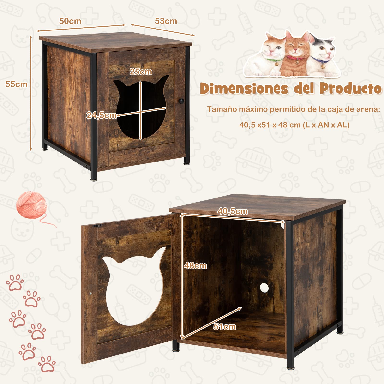 COSTWAY Mueble Arenero Gatos, Mueble Arenero para Gatos Baño Privado, Lavabo Oculto para Gato con Puerta, Estructura Metálica Interior Decorativa para Gatos Grandes & Pequeños, 50x53x55cm