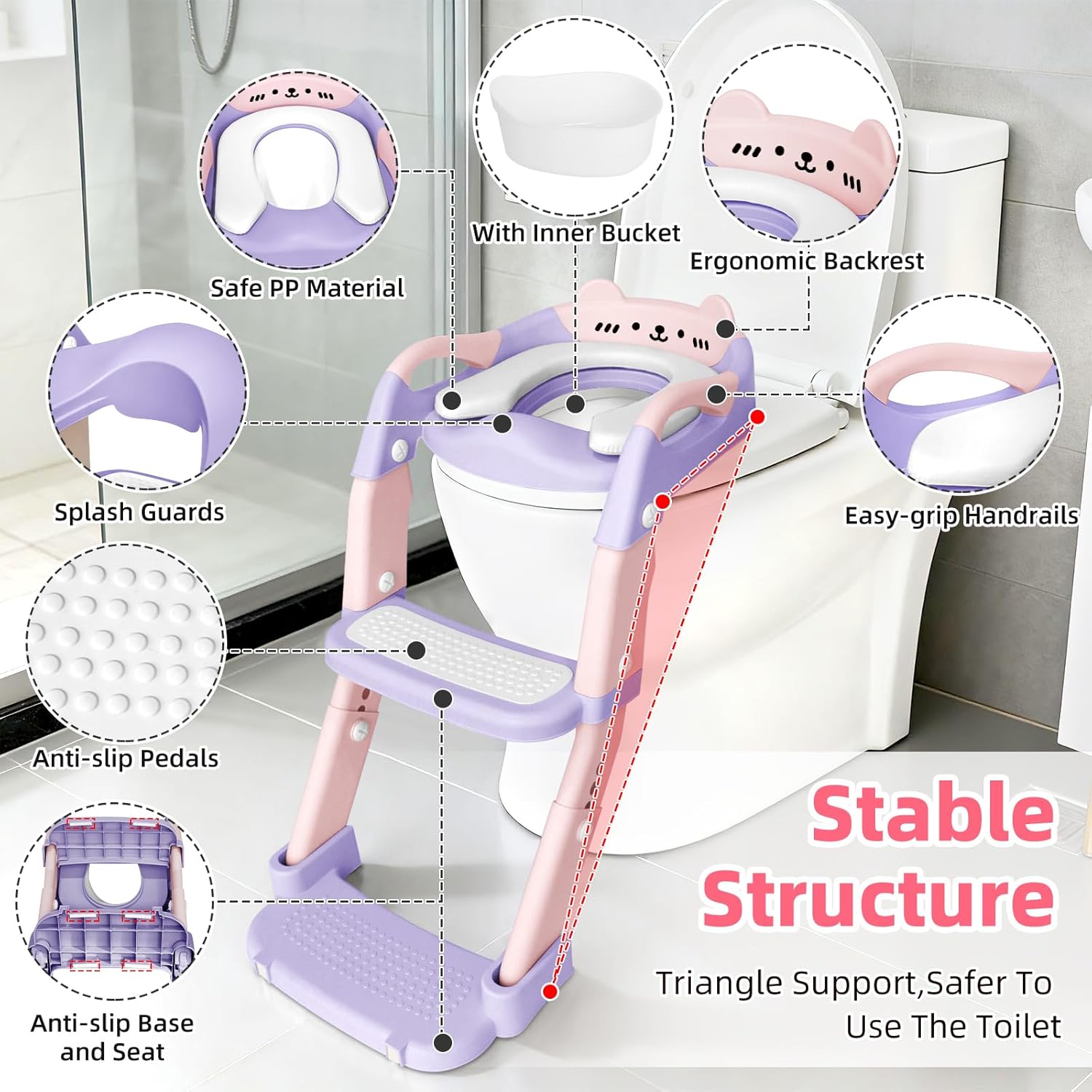 Potty Training Seat, Upgrade Toddler Toilet Seat for Kids Boys Girls, 3 in 1 Potty Training Toilet with Step Stool Ladder-Non Slip Foldable (Purple+Pink)