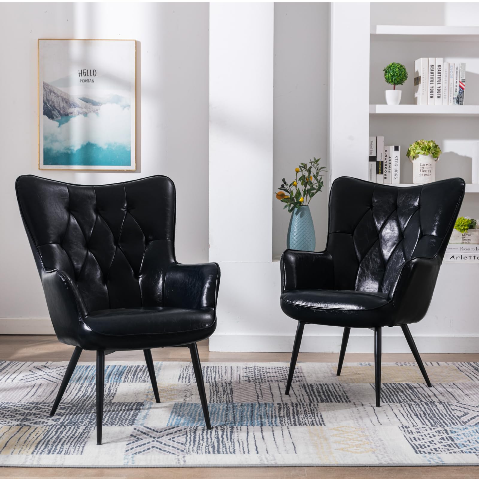 Faux Leather Wingback Accent Chair Black Leather Leather High Back Living  Room Accent Chairs Wide Faux, image size:1600x1600