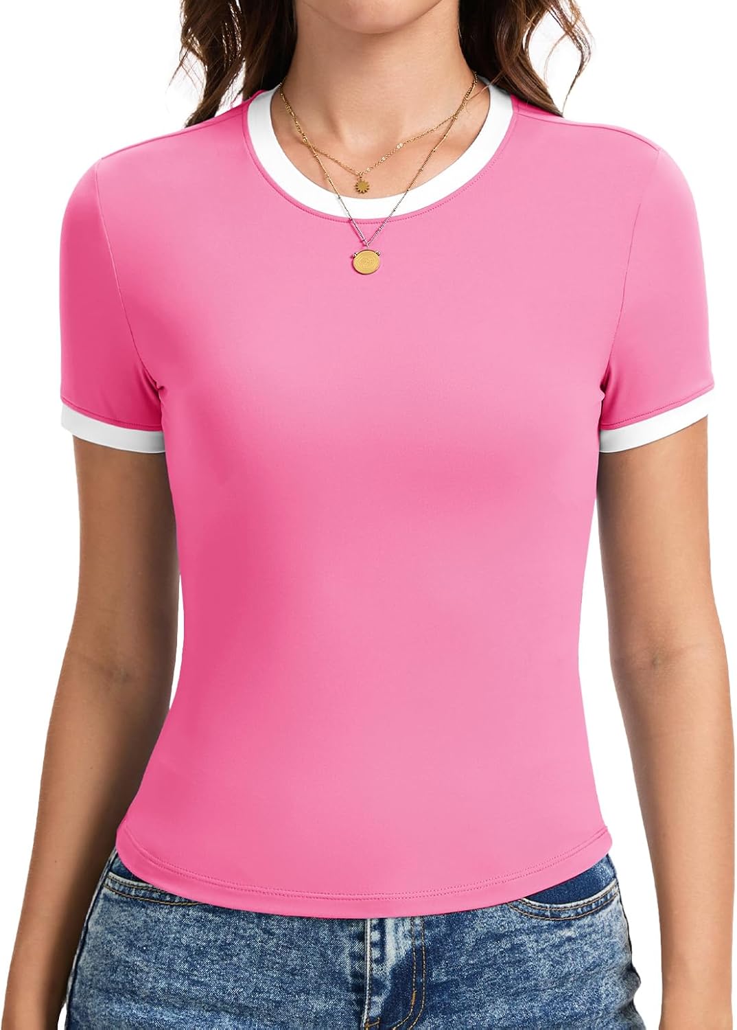 YUCOLEN Women's Short Sleeve Shirts Crew Neck Color Block T Shirt 2025 Summer Crop Tops Slim Fit Basic Tee Tops - Image 3