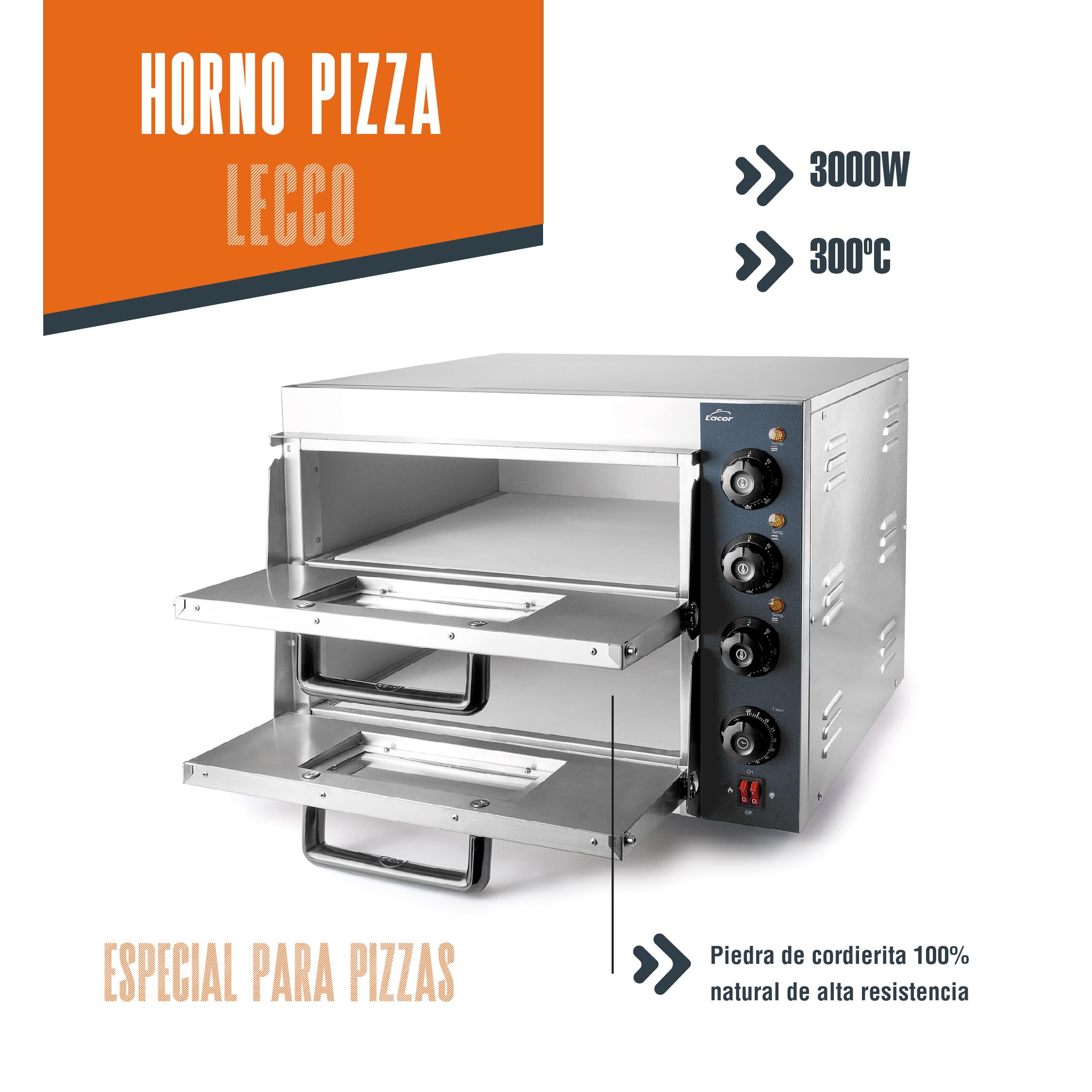 Lacor - 69633 - Horno pizza Lecco, para Mesa o Encimera, de Acero inoxidable, con Aislamiento Térmico, 3000 W, 2 cavidad, Iluminación interior, Medidas: 57x56x44 cm