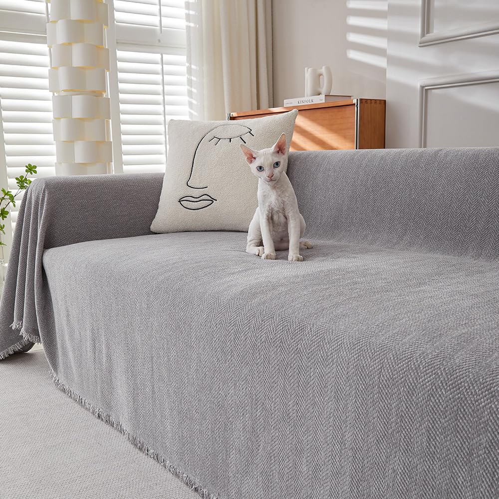 Highdi Chenille Sofa Cover Blanket Covers Large Sofa for 1 2 3 4 Seater, Solid Color Blankets Comfortable Universal Sofa Protector Cover for Cats and Dogs Scratching (180 x 300 cm, Grey)