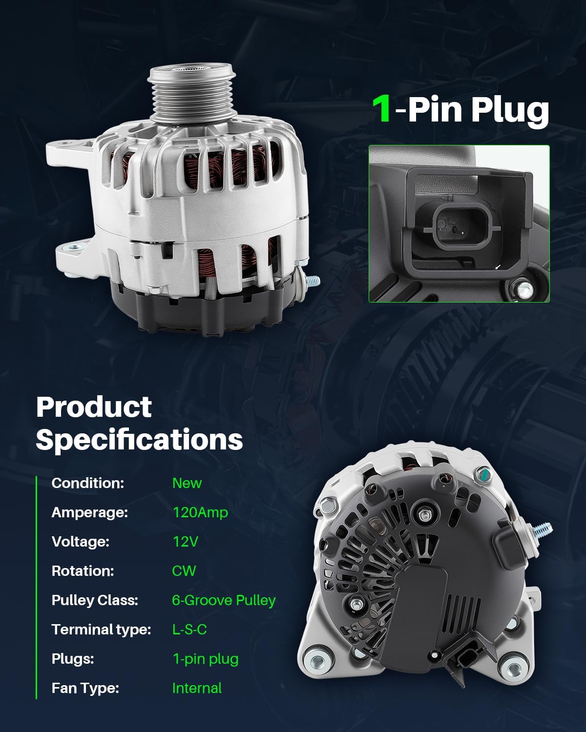 New Alternator Fit for Nissan Rogue(S, SL, SV) L4 2.5L 2014-2020. Replace 23100-4BA0A, 23100-4BA0B, TG12C152. 6-Groove, 12V, 120Amp, CW, Internal Fan & Regulator