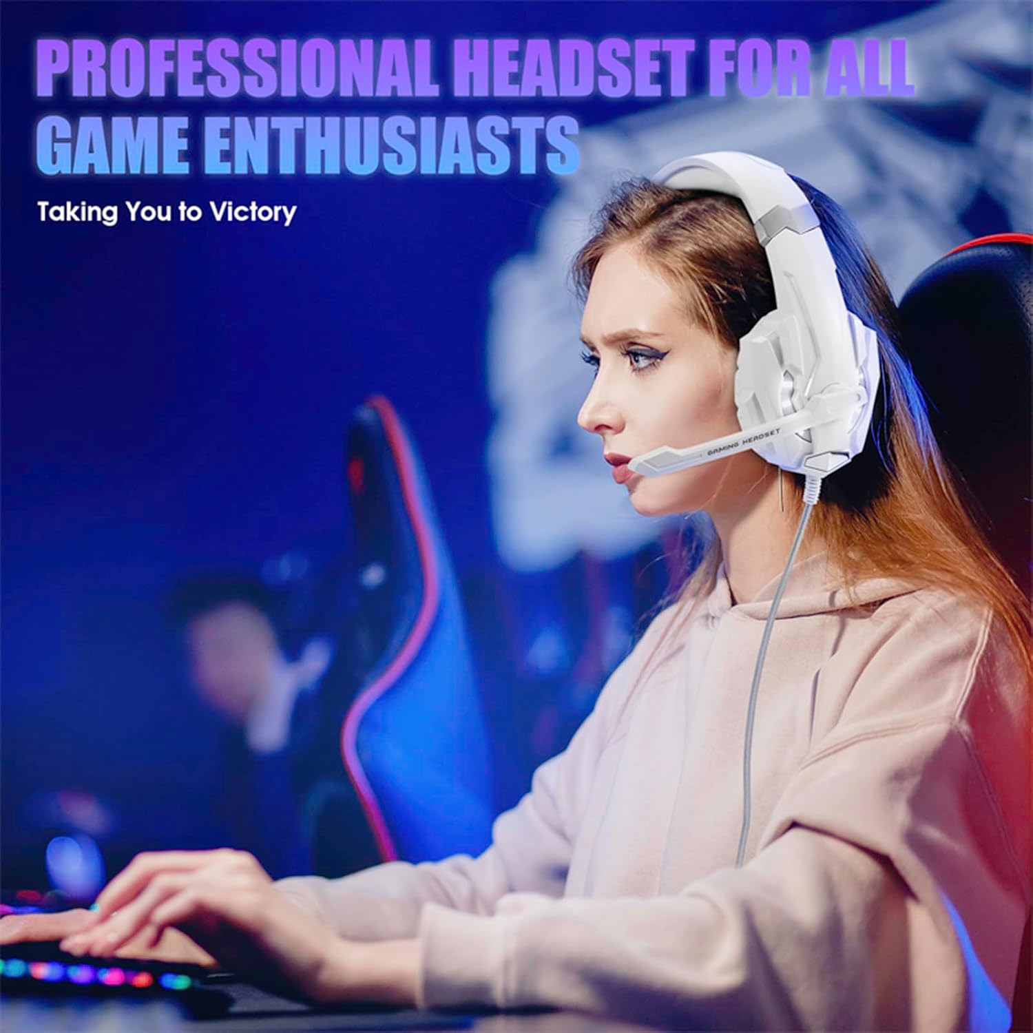 USB Gaming Headset for PC, Noise Cancelling Over Ear Headphones with Mic, LED Light, Wired Computer Headset for Laptop, Office (White)