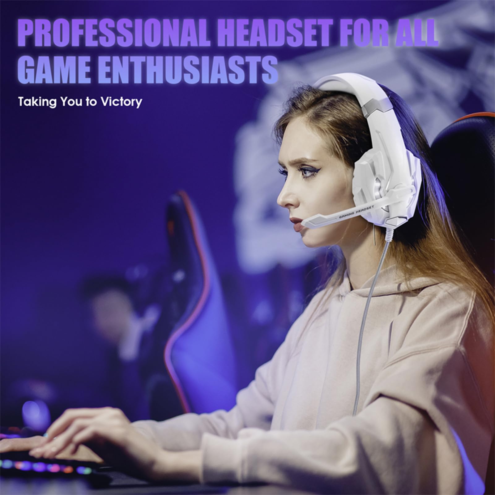 Aoresac Casque de Jeu G9000, avec des Lumières LED, Microphone Clair pour Ordinateur Portable, Tablette, Téléphones Mobiles, PC de Bureau, Console de Jeu, Contrôle du Volume (Blanc)