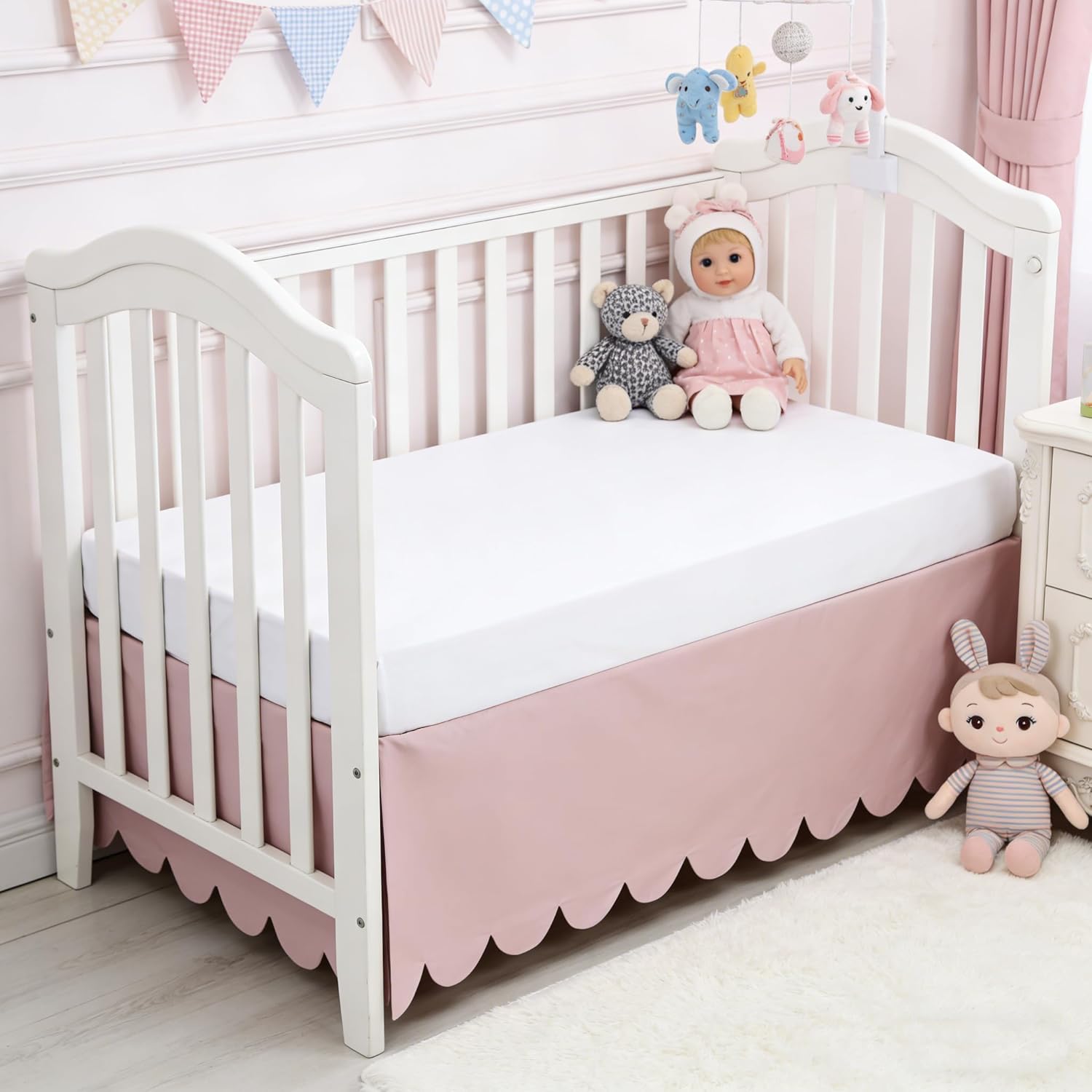 Scallop Edge Crib Skirt Pink, 100% Egyptian Cotton 400 Thread Count Crib Skirt Dust Ruffle,Double Layer,Durable,Smooth Toddler Bedding Skirt for Baby Girls or Boys, 52"X28" with 14"