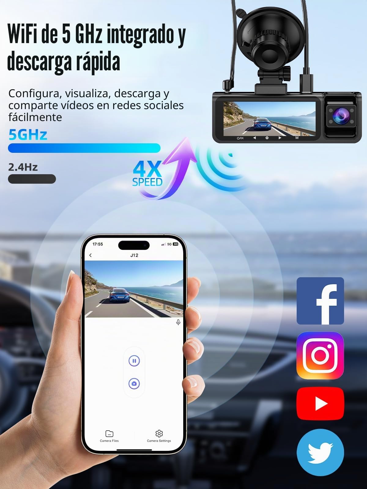 Dashcam Cámara Coche 4K+1080P, 5GHz WiFi Dash CAM Coche Frontal y Trasera con App, Tarjeta 64GB Gratis, Visión Nocturna, WDR, G-Sensor, Grabación en Bucle, Soporta Modo Parking 24H, MAX 128G