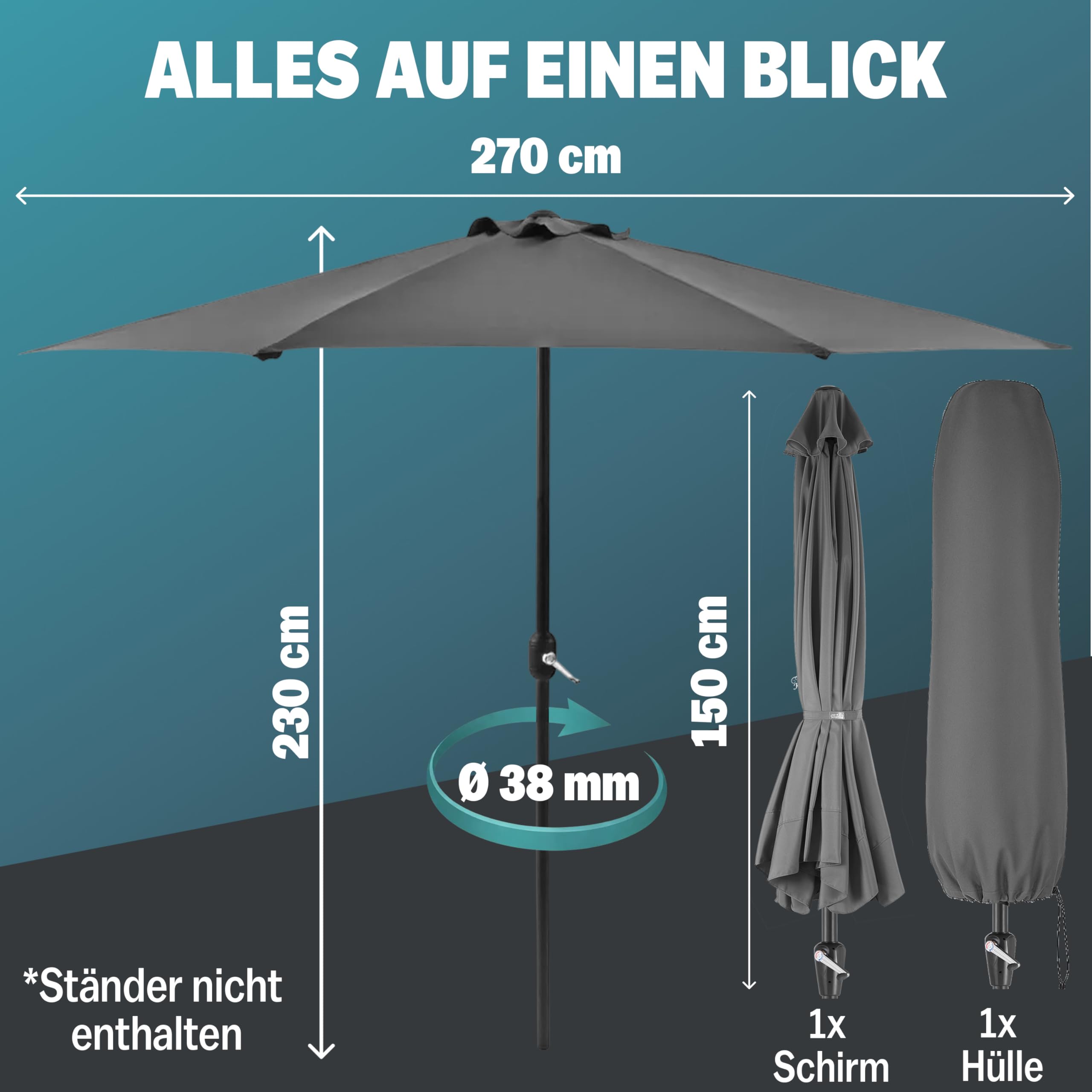 Kingsleeve® Demi-parasol Ø 270 cm crème Parasol de balcon terrasse avec manivelle Pare-soleil Protection solaire UV 50+