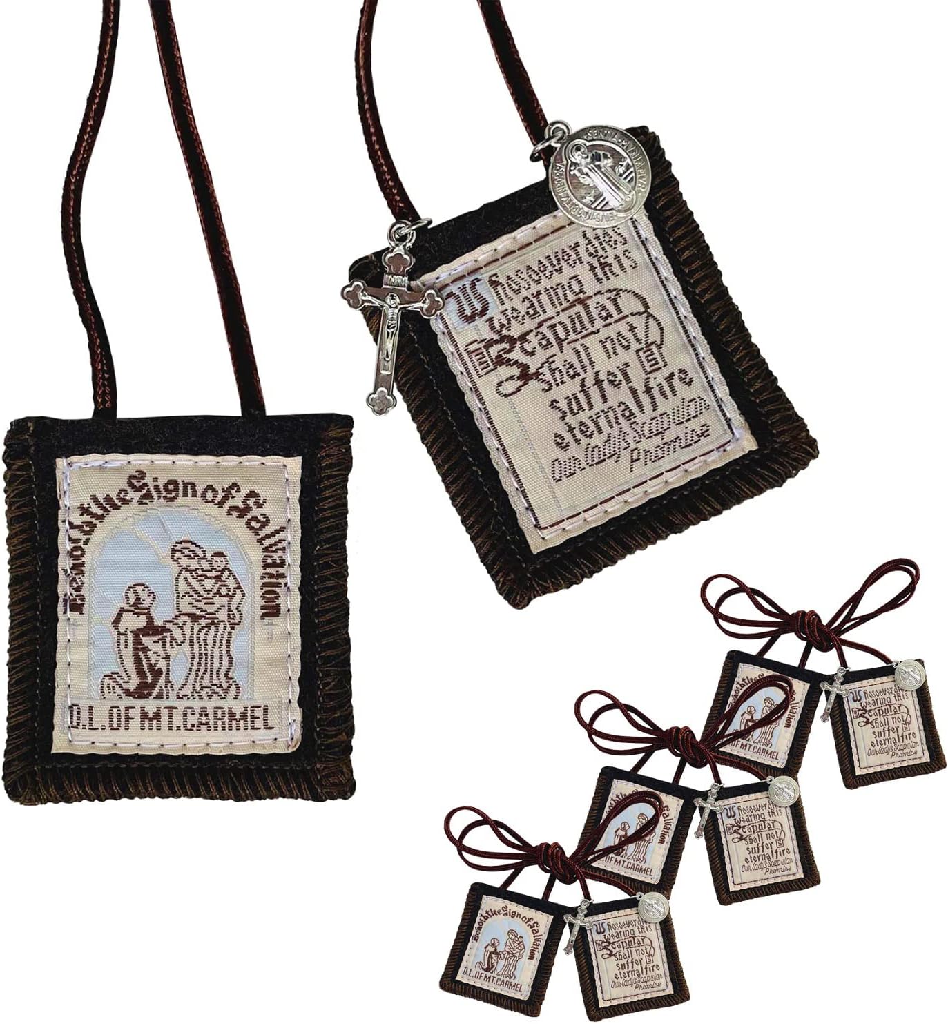 Scapulars Catholic, 3 Pack Bulk Brown Scapular Of Our Lady Of Mount Carmel, Escapularios Catolicos Scapular Catholic Necklaces Gift For Women Man With St Benedict Medal Crucifix Mexican Decoration, 3 Pack