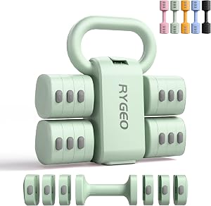 RYGEO Adjustable Dumbbell Set Designed For Women, Each weighs 5.58 lbs, Or Kettlebell Set 12lbs MAX, Change Free Weights for Home Gym, Pilates & Full Body Workout