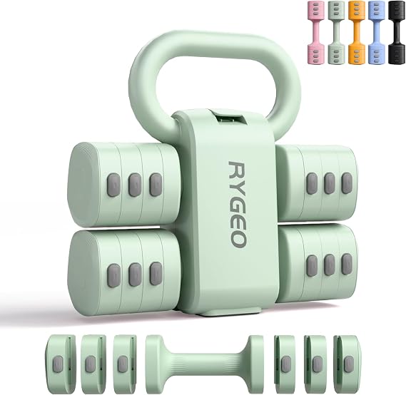 RYGEO Adjustable Dumbbells: Weights for Women with 2-in-1 kettlebell set, 4 levels (1.45-5.54KG), home gym equipment for fitness
