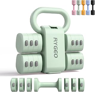 RYGEO Mancuernas regulables 2 en 1 con Kettlebell para Mujer – 1 a 2,5 kg por mancuerna, 5,5 kg Máx en modo combinado – 12 placas de peso – Equipo de fitness para casa