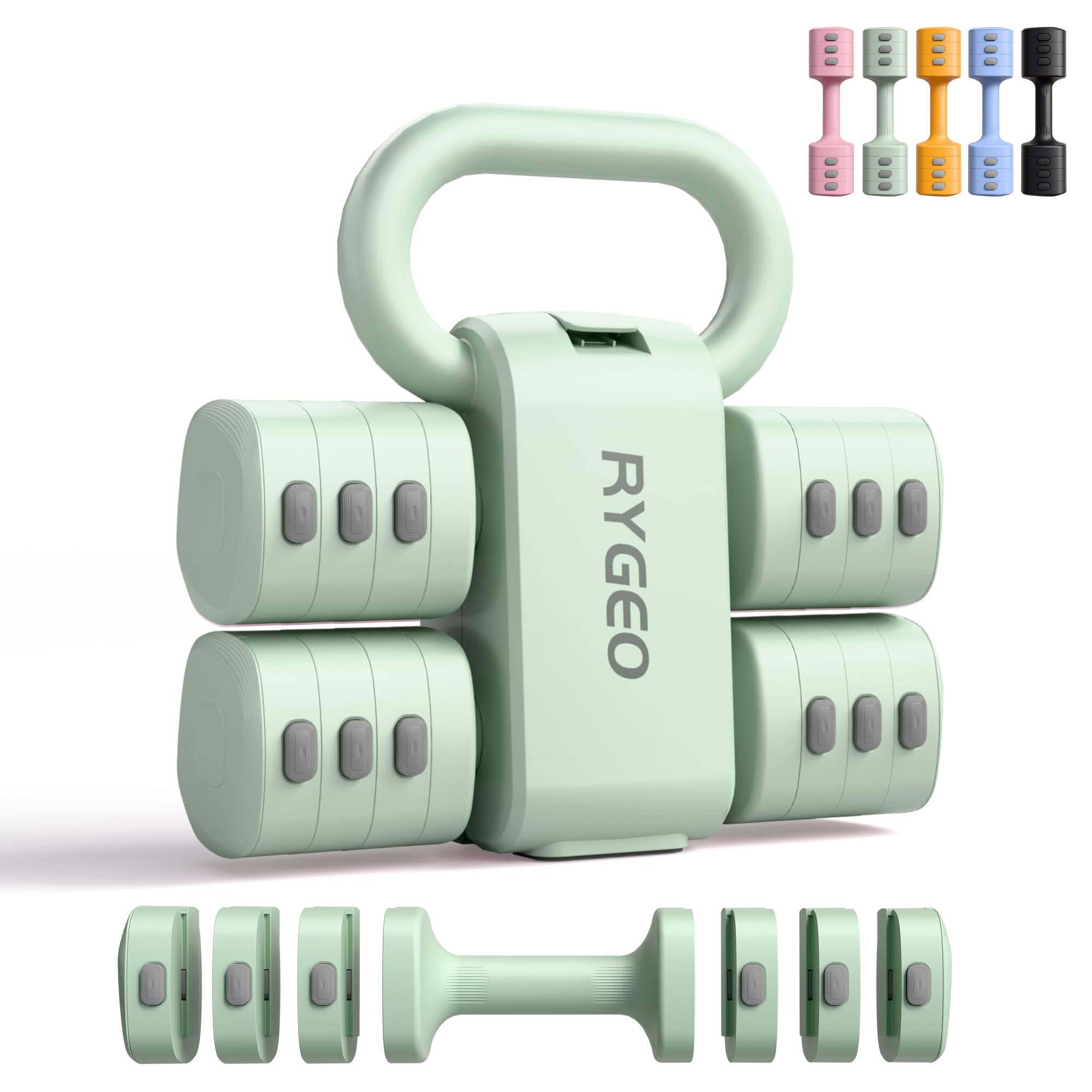 RYGEO 2-in-1 Verstellbares Hantelset für Frauen – 4 Stufen Kettlebell(2,2 lbs bis 12,1 lbs) – Heimfitnessgeräte für Zuhause – Fitness Hanteln