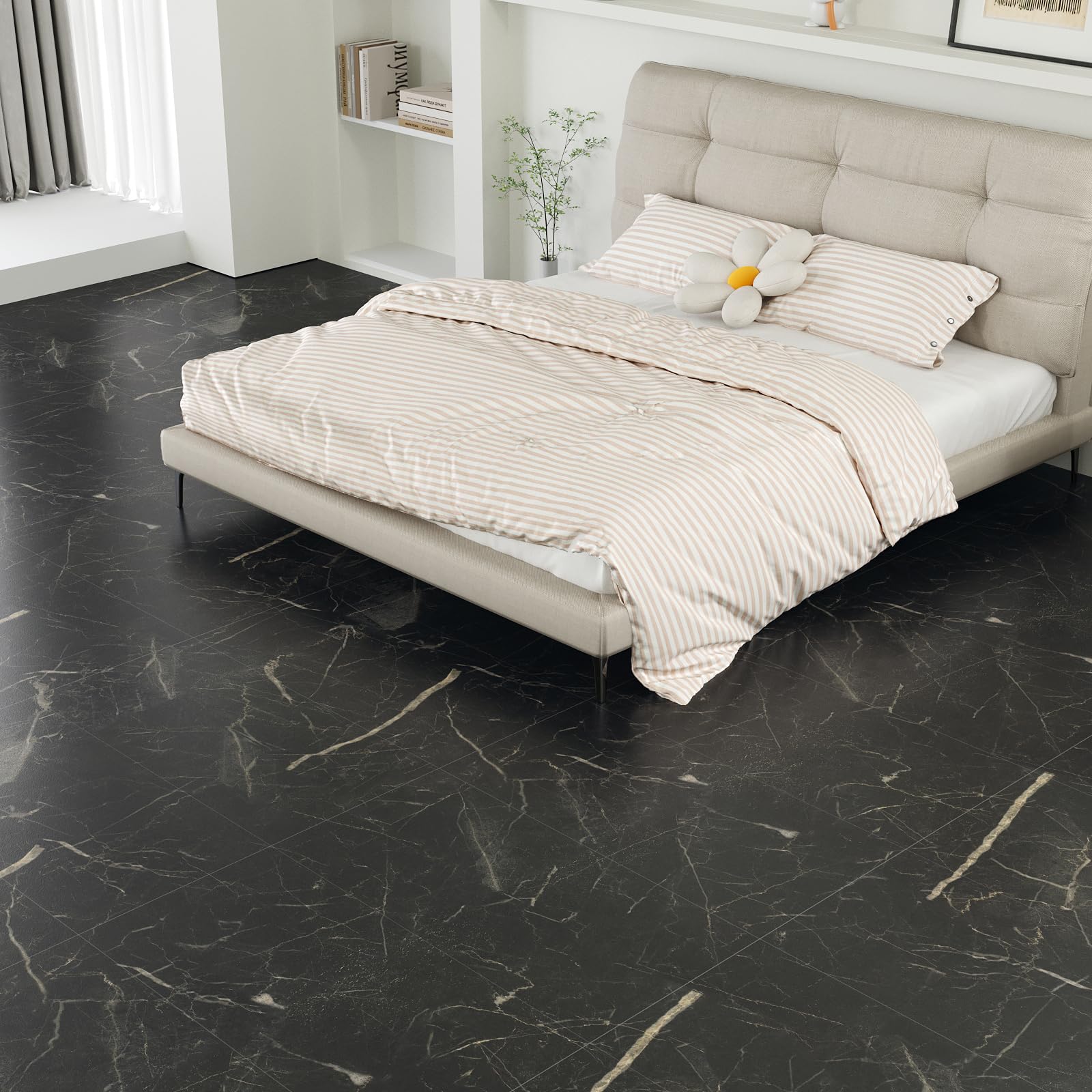 VEELIKE Piastrelle Adesive Cucina Marmo Nera Piastrelle Adesive Pavimento Bagno PVC Adesivo Pavimento Soggiorno Mattonelle Adesive Pavimento PVC Adesivo Effetto Marmo Spesso 1.5mm 60cm x 30cm 24 Pezzi