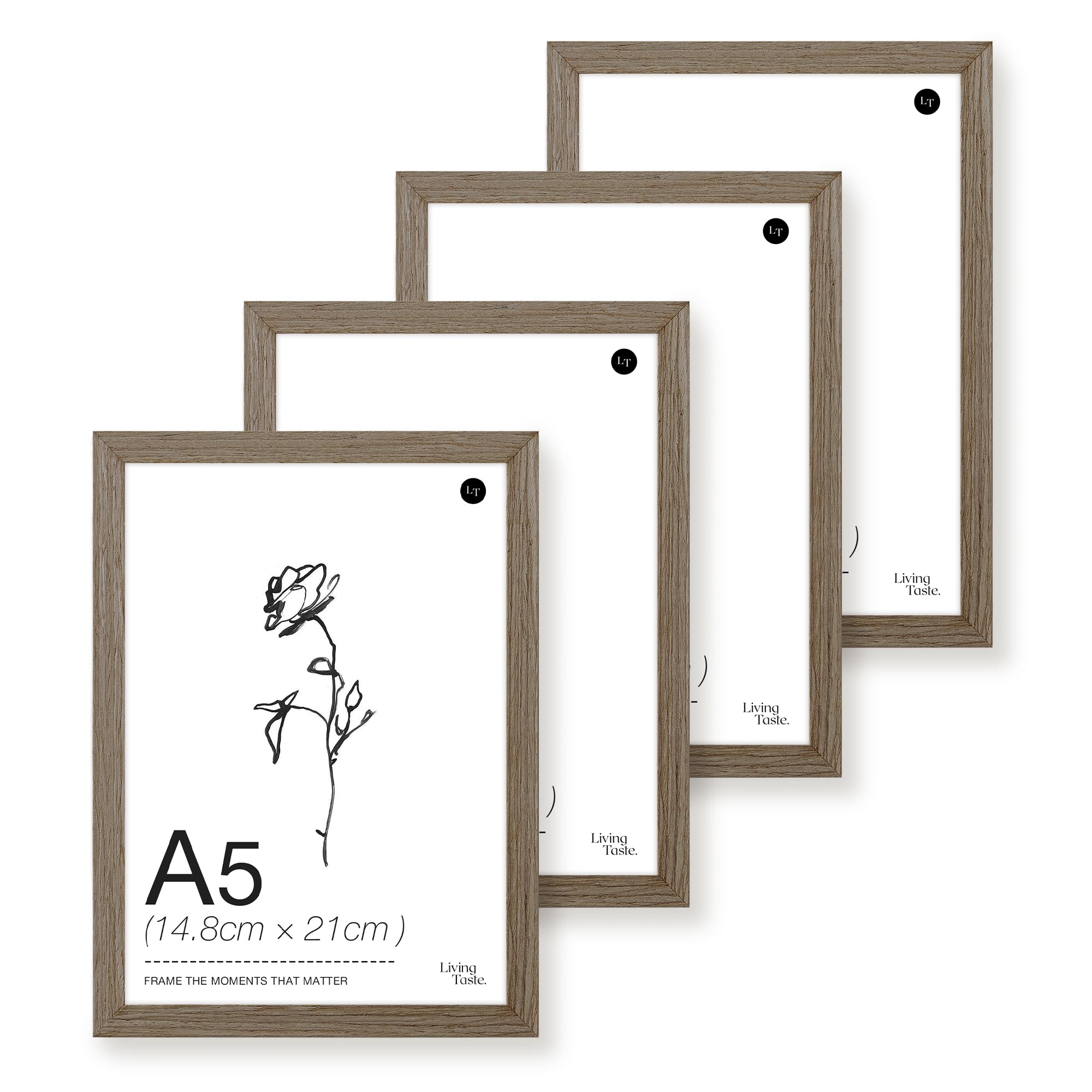 LIVINGTASTE A5 Picture Frame, 14.8x21cm Wood Photo Frame, 4 Pack Dark Oak Finish Wall Frame with Acrylic Front, Ideal for Kids Room Décor, Family Photos and Desk Frame — image 1
