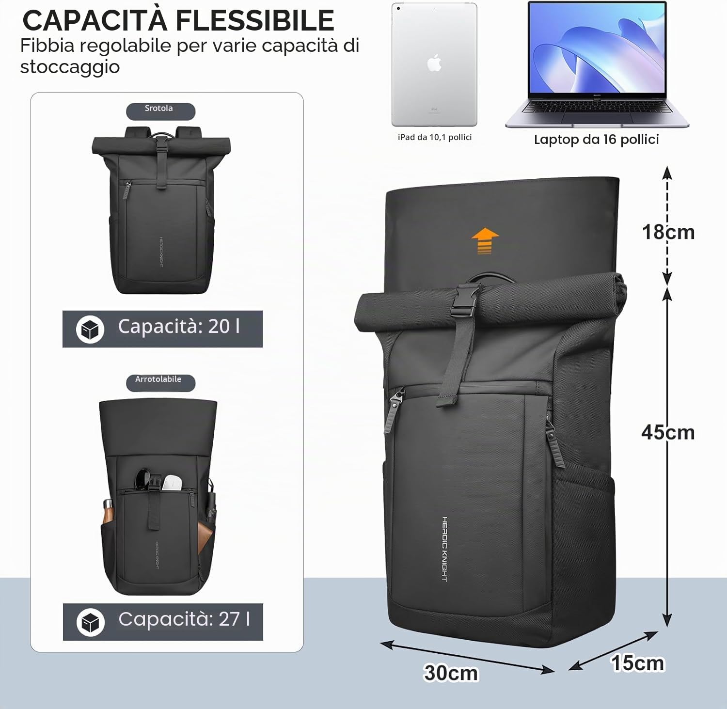 hk Zaino Roll Top Uomo Donna, Espandibile Zaino Porta PC 15,6 Pollici | Antipioggia e Antifurto per Tempo Libero, Ufficio, Università, Pendolari, Nero(20‑27 L)