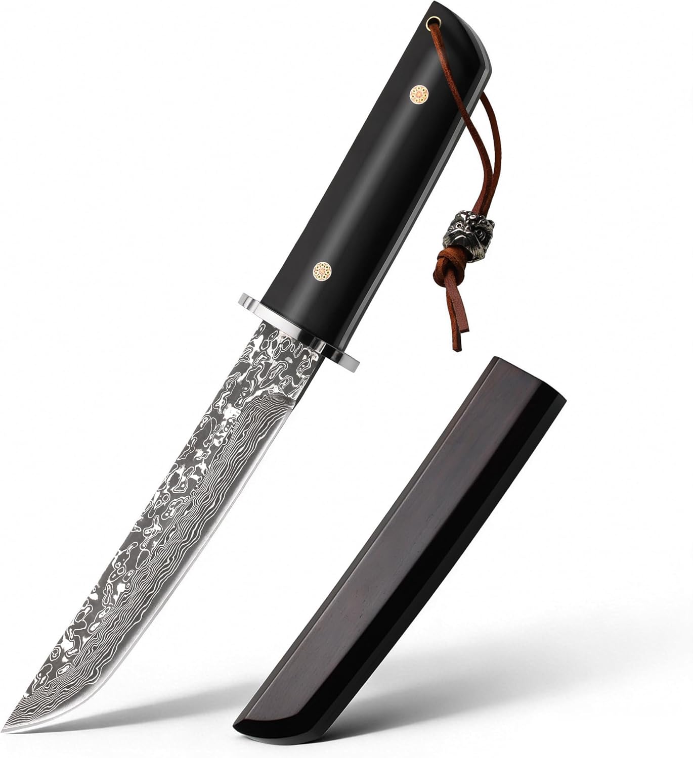 Damascus Steel Knife, 10.5" Hand Forged Blade with Ebony Wood Handle & Matching Sheath, Premium Bushcraft Craftsmanship, Gifts for Men Women