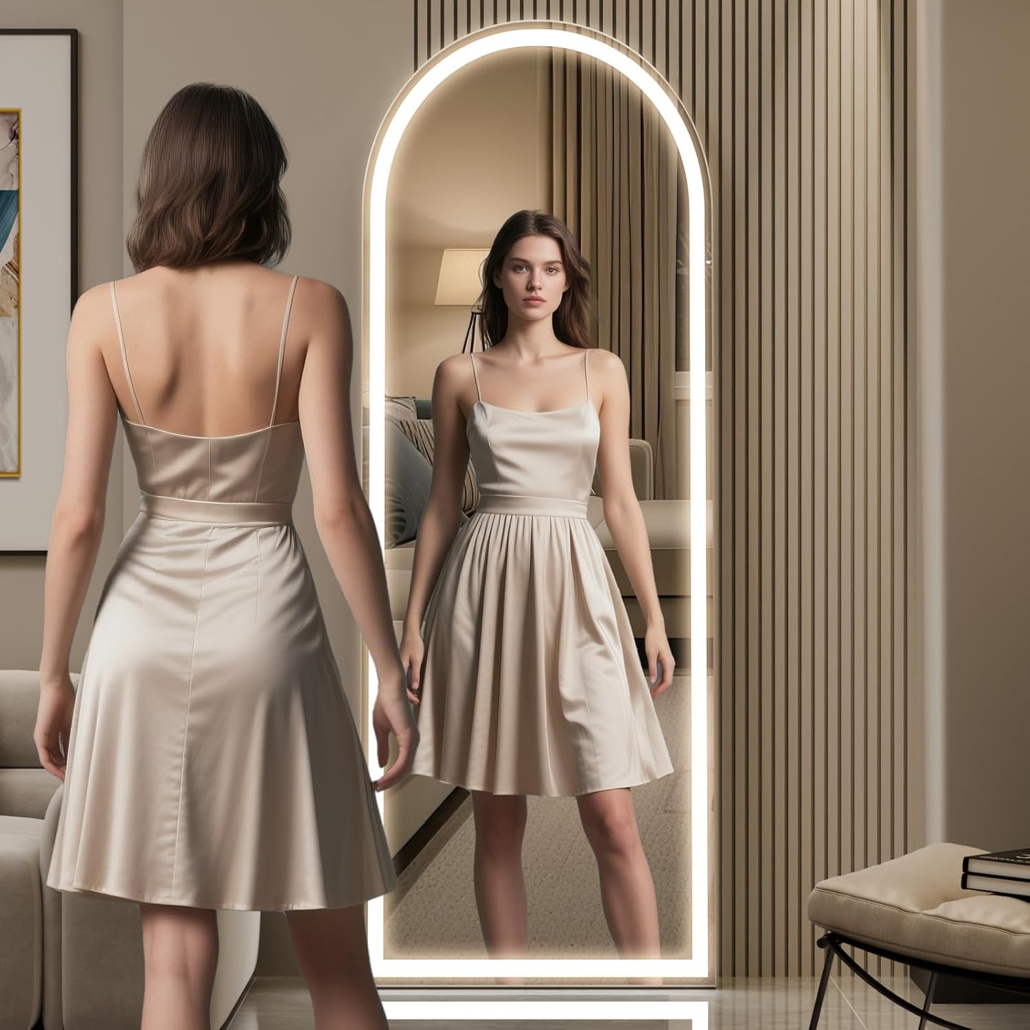 LED Arched Full Length Mirror with Lights 65"x24" - Lighted Floor Mirror with Dimming & 3 Color Lighting, Aluminum Frame Standing Leaning or Hanging for Bedroom Cloakroom White
