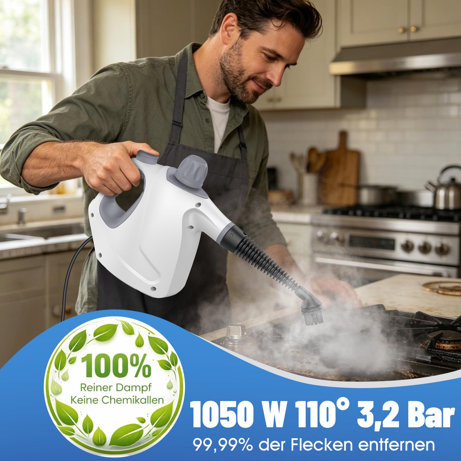 Vaporeta Limpieza Hogar, 1050W 3,2Bar 110°C, Depósito 450ML, Vaporeta de Mano con 10 Accesorios, 100% Sin Químicos, Limpiador Vapor Portátil para Casa, Sofa, Coche, Azulejos, Juntas, Grasa & Suciedad