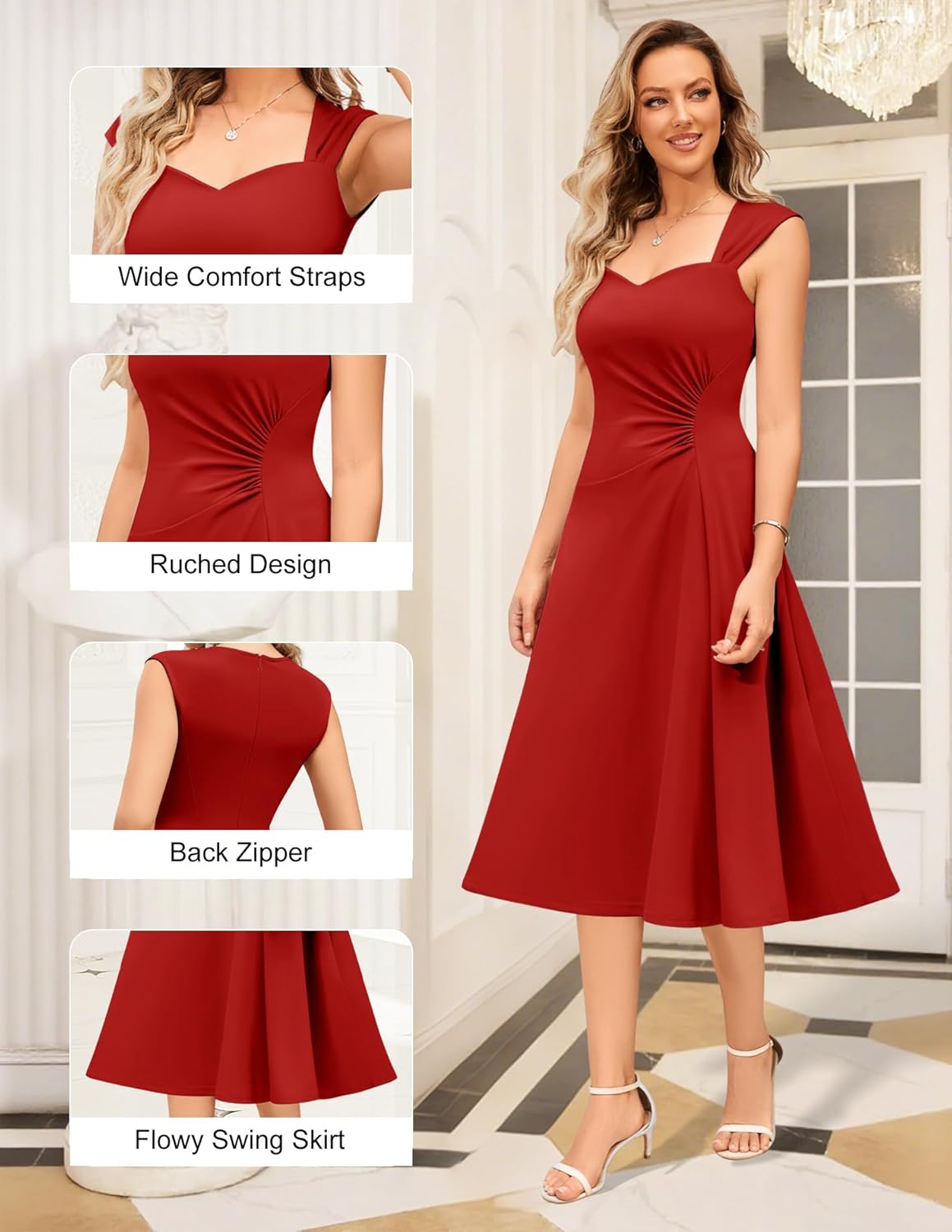 Dressystar Women's Midi Formal Wedding Guest Dress 2026 Sleeveless Ruched Flowy A Line Swing Cocktail Evening Party Dresses - Image 4