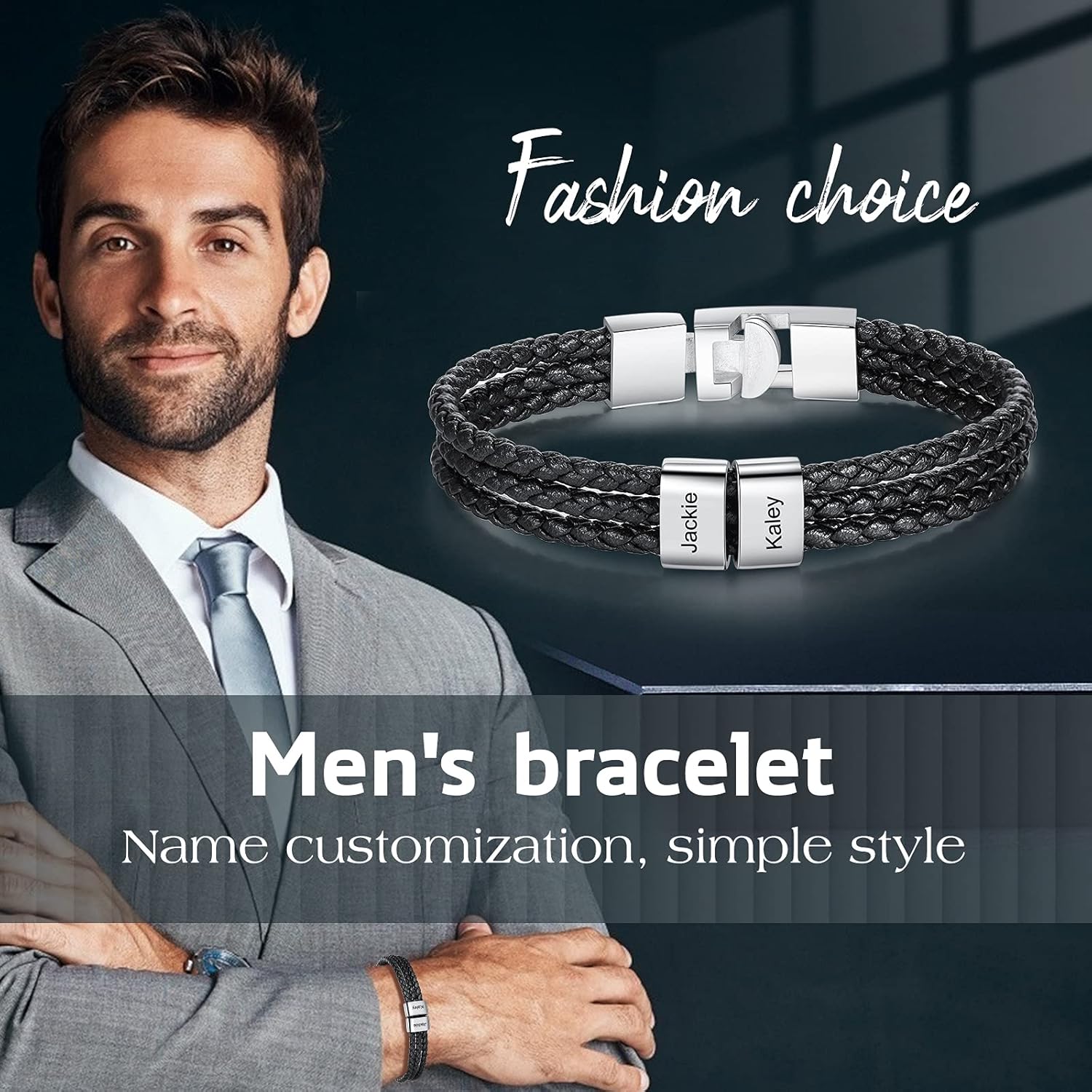 kaululu Personalized Braided Leather Name Bracelet with 1-8 Beads Custom Engraved ID Wrap Bracelets Father's Day Jewelry Gifts for Men Dad Husband Him (2 Names) - Image 6