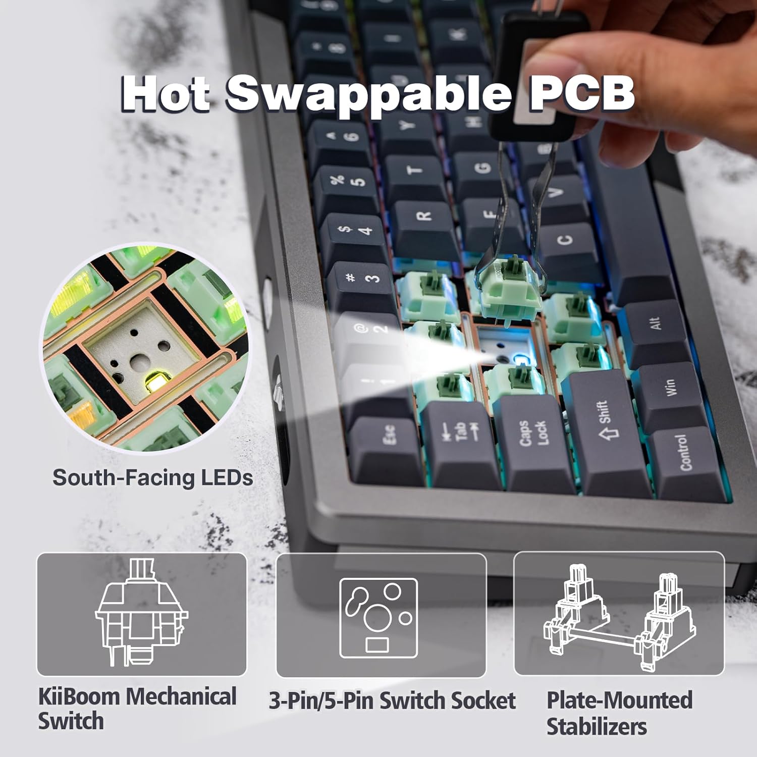 Sun mo tipetipe view of the KiiBoom Loop 65 keyboard showing a keycap being removed with a keycap puller and a switch being removed with a switch puller, highlighting the hot-swappable PCB feature with south-facing LEDs, KiiBoom mechanical switches, 3-pin/5-pin switch sockets, and plate-mounted stabilizers.