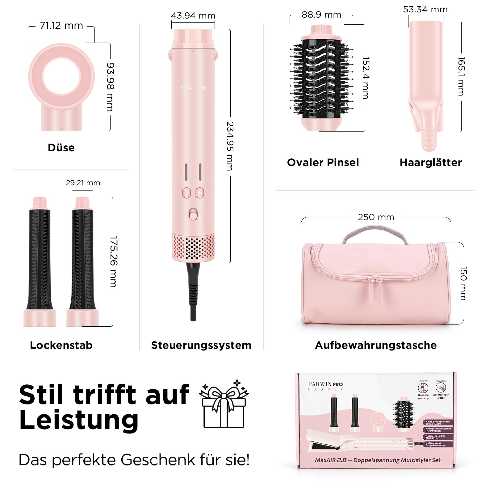 5 in 1 Airstyler, Airstraight＆ Auto-Wrap Lockenaufsätzen, PARWIN PRO BEAUTY MaxAIR 2.0 Multi Hairstyler, 110.000 RPM Föhn, Automatische Doppelspannung, zum Trocknen, Locken, Stylen, 1200W - Rosa