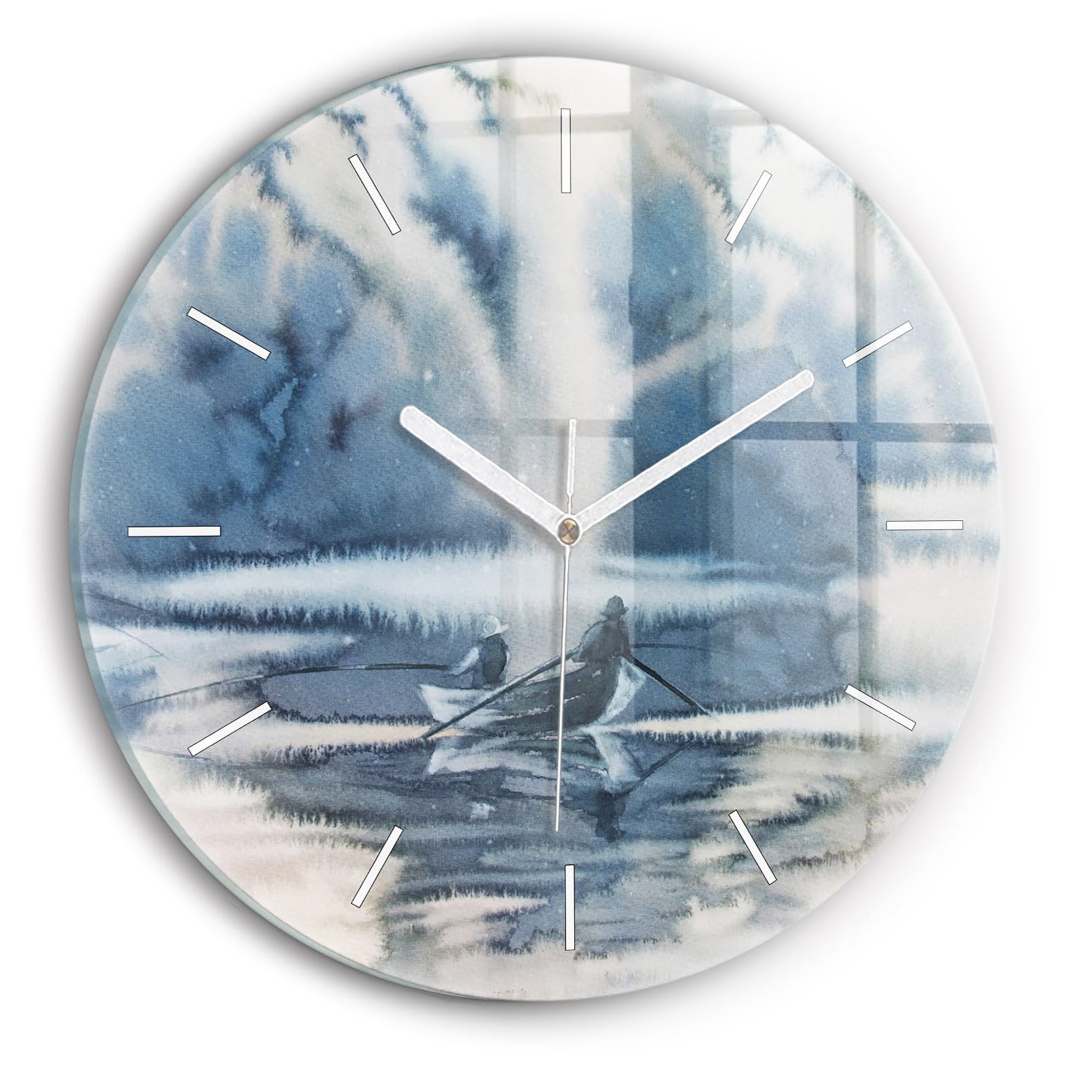 Horloge en Verre Silencieuse Wallfluent 30 cm Horlogerie Moderne Design Original Pêcheur sur le Lac