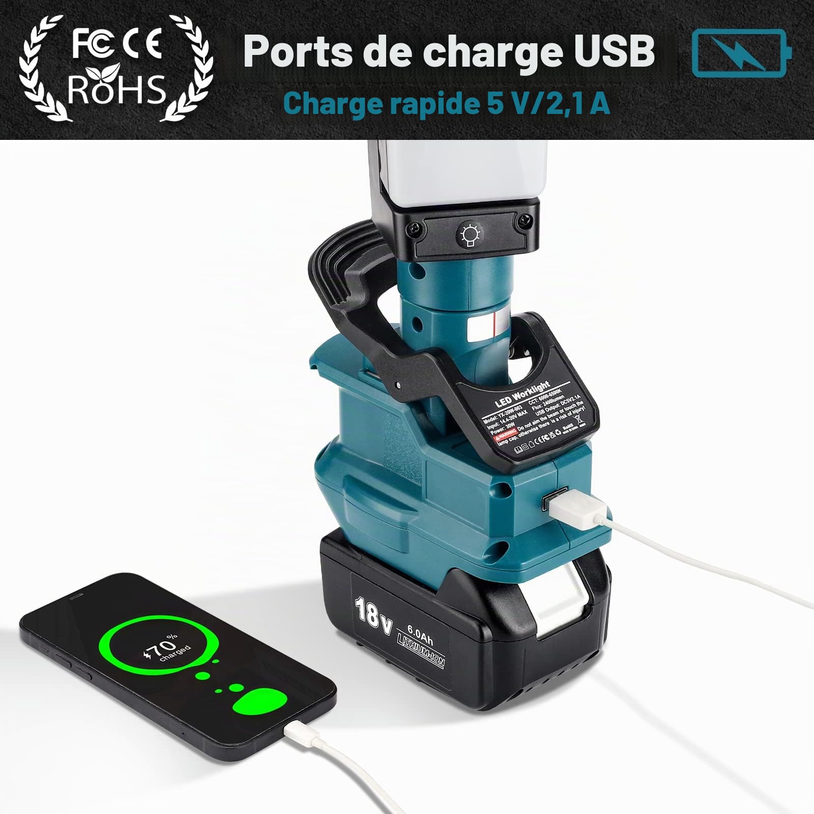 Taingwei Lampe de travail LED 30 W à clip pour batterie au lithium Makita 18 V LXT - Projecteur LED pour réparation automobile, camping, urgence et éclairage de chantier