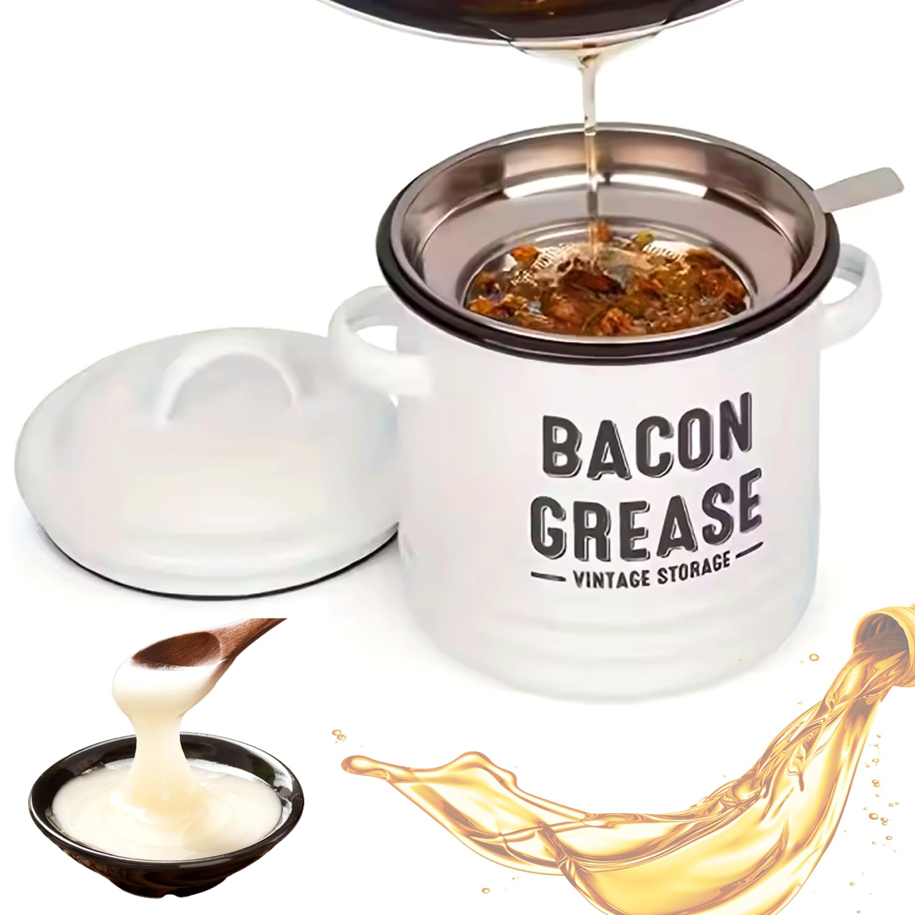 Monetais White Bacon Grease Container, Enamel Bacon Grease Saver With Strainer, Spatula & Lid Oil Keeper Can For Kitchen Tools, 4.7X6.7 Inch Can