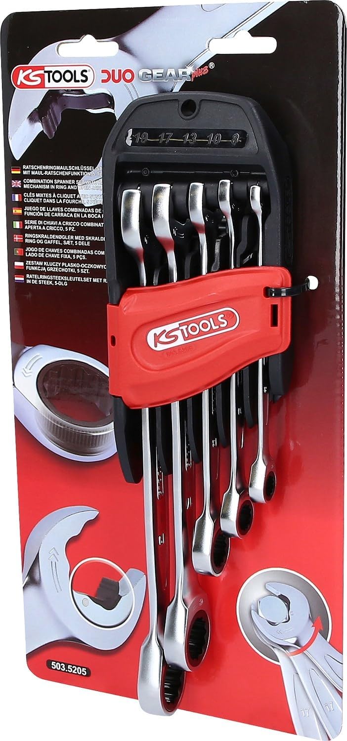 DUO GEARplus combination spanner set with ratchet mechanism in ring and open jaw, 5 pcs