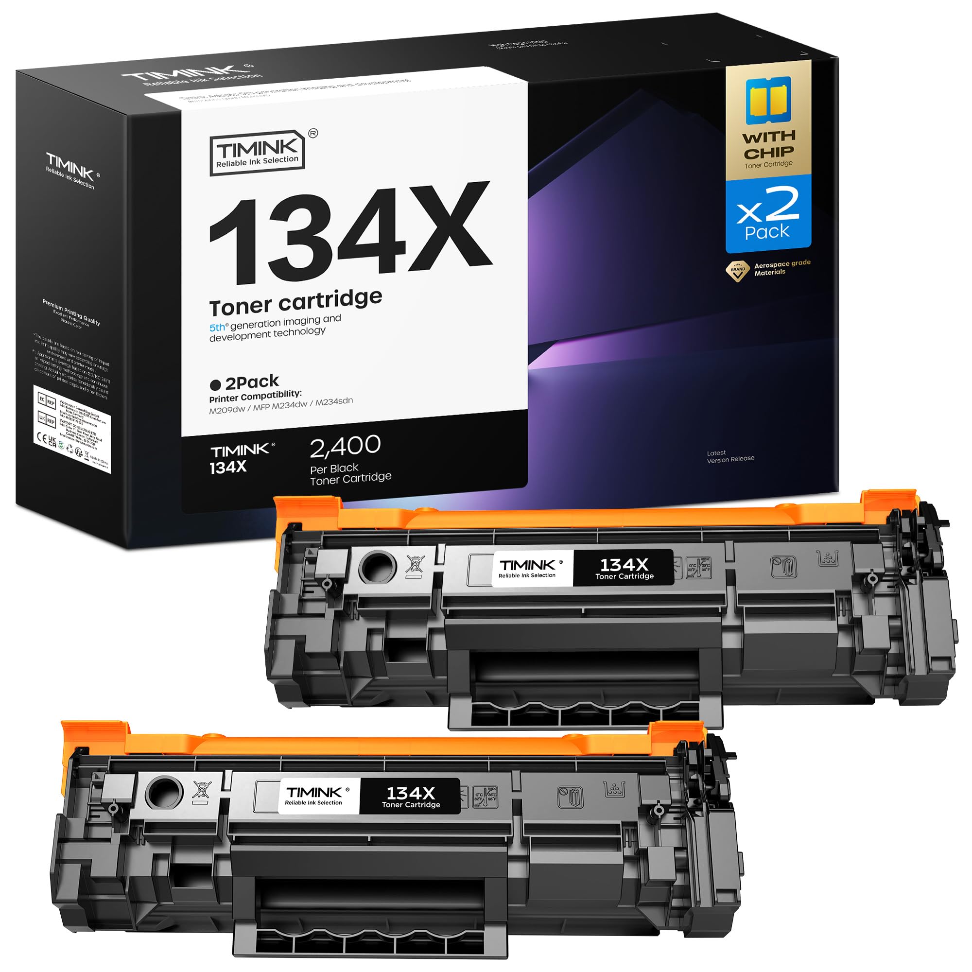 Photo 1 of Timink 134X Black Toner Cartridges (with Chip) Replacement Compatible for HP 134X W1340X 134A W134A Toner Cartridges Work with LaserJet M209dw MFP M234dw M234sdw M234sdn Printer (2 Black)