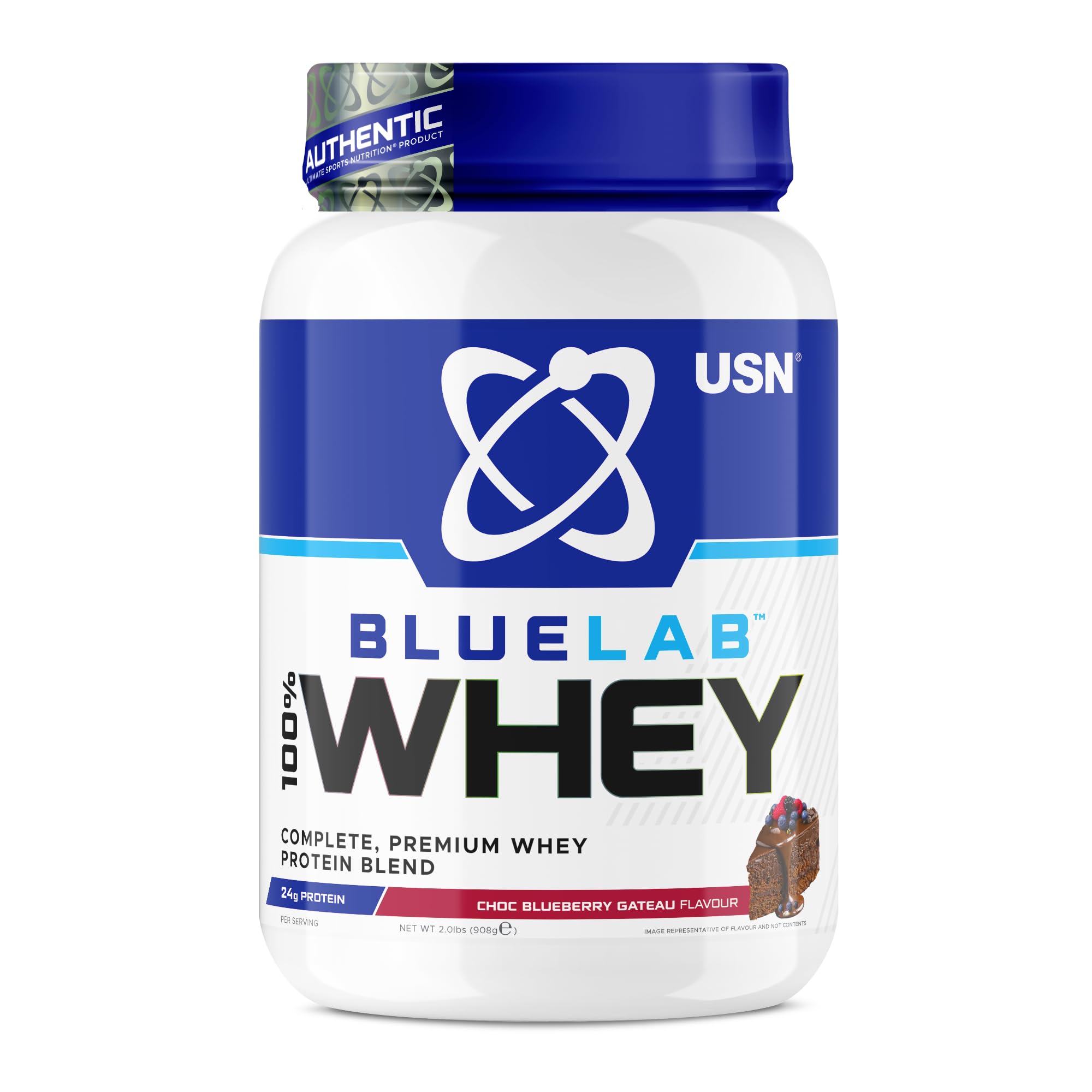 USN BlueLab 100% Whey Protein Powder 908g (26 Servings) - 24g Protein - Whey Isolate, Hydrolysate & Concentrate Blend - High Protein Shake for Muscle Growth & Recovery – Choc Blueberry Gateau