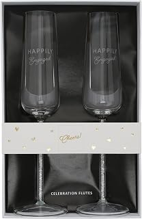 Pavilion - Happily Engaged - Set Of 2 7 Oz Stemmed Champagne Flute Drinkware Glasses Wedding Fiance Fiancee Engagement Party
