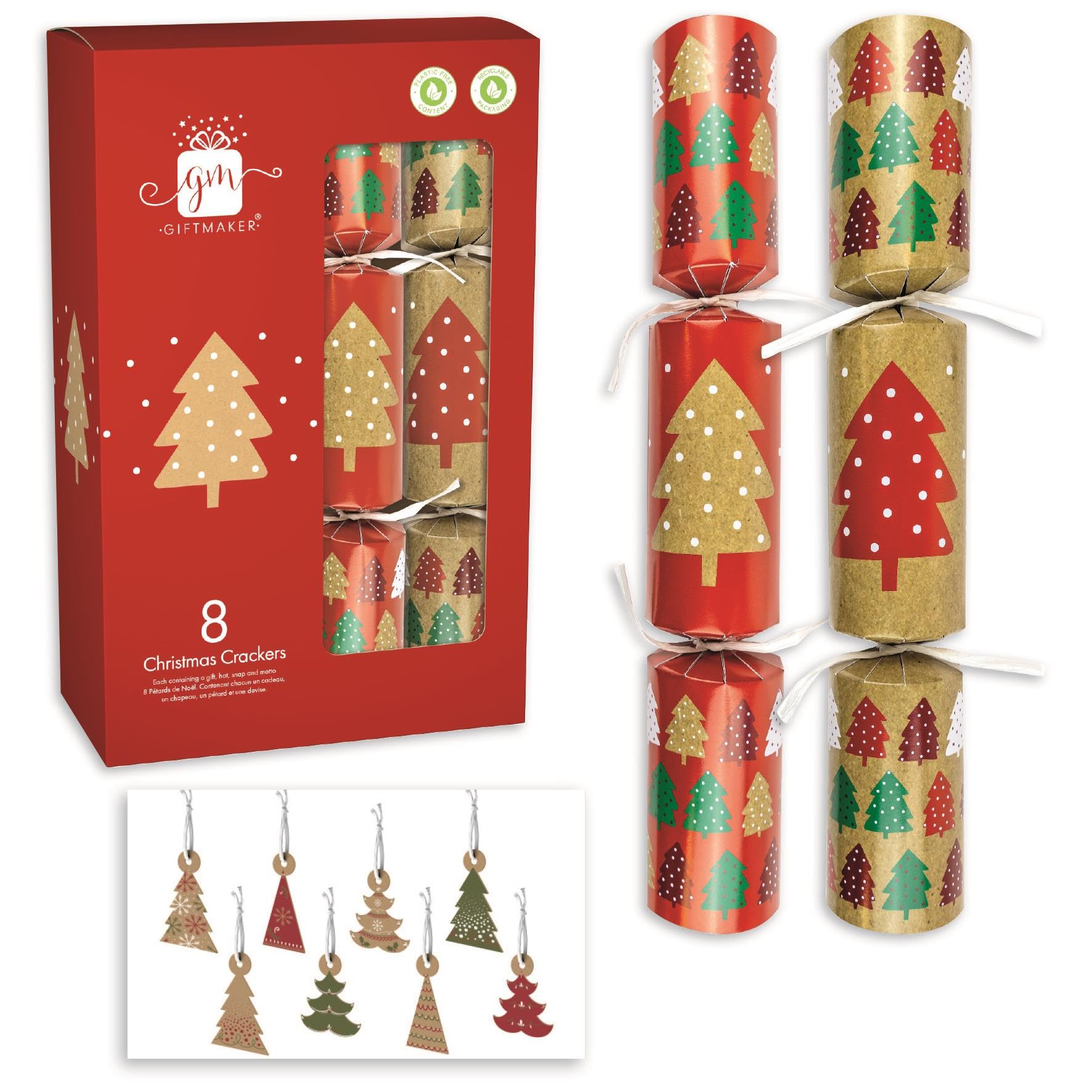 Giftmaker Pack 8 Red & Brown Kraft Christmas Tree Novelty Eco Christmas Crackers