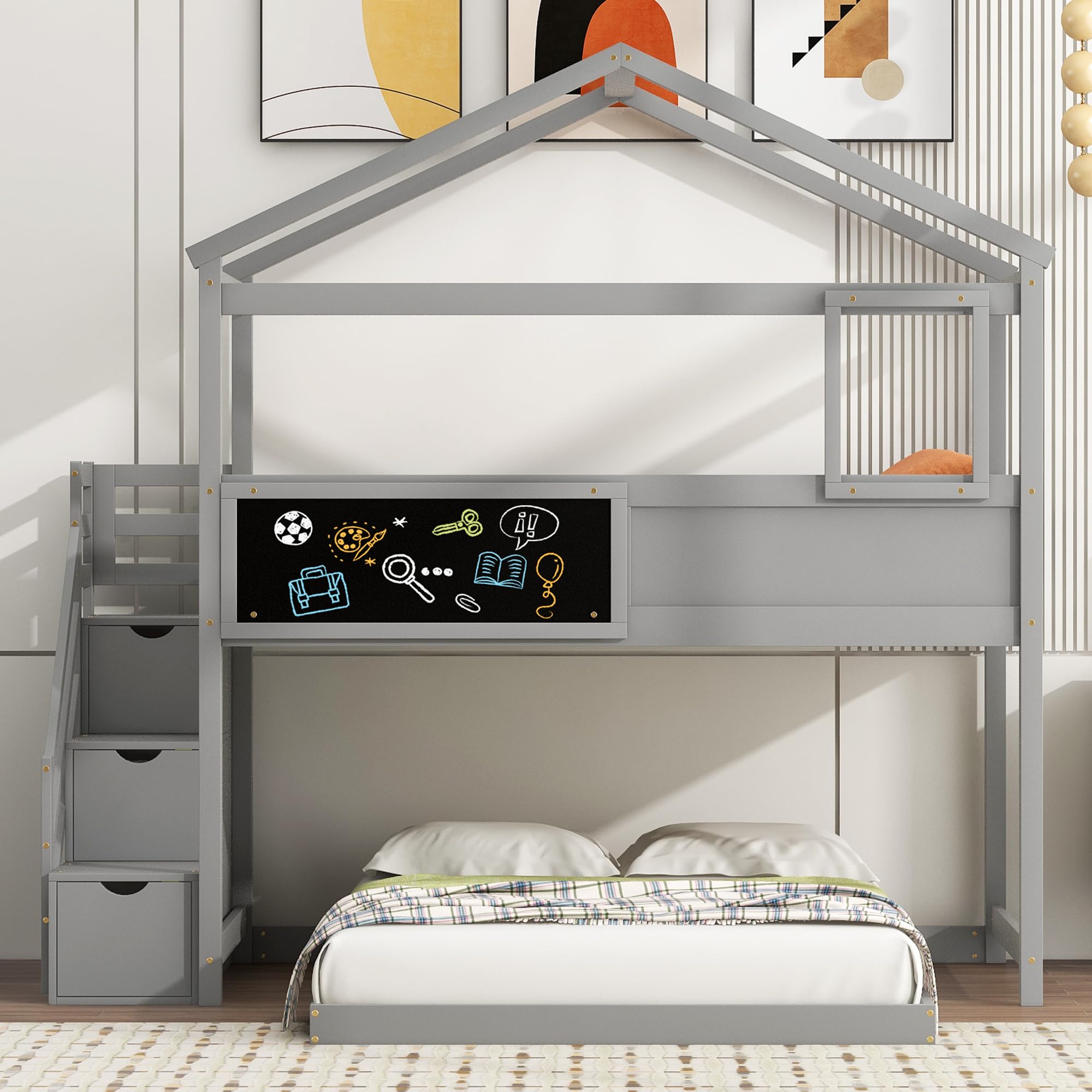 Harper & Bright Designs Twin Over Full Bunk Beds with Storage Stairs and Blackboard,House Bunk Beds for Kids, Wood Bunk Beds with Roof, Window, Guardrail for Girls, Boys,Grey