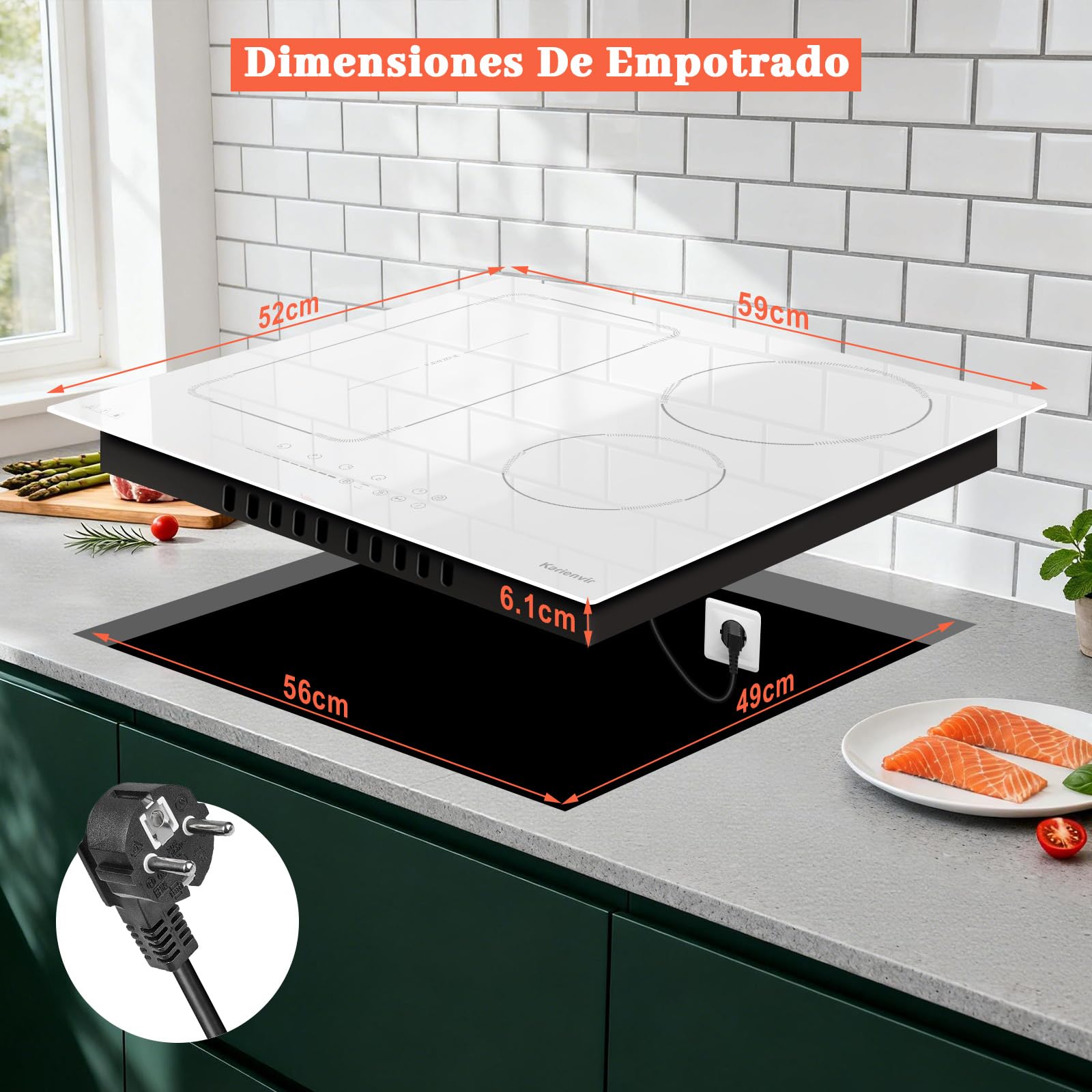 Placa Inducción 4 Fuegos con Zona Flexible y Enchufe, Placa Induccion Empotrable 60 cm con Boost, Vitroceramica Induccion con Pantalla Táctil, Bloqueo de Seguridad, Pausa, Temporizador, Blanca