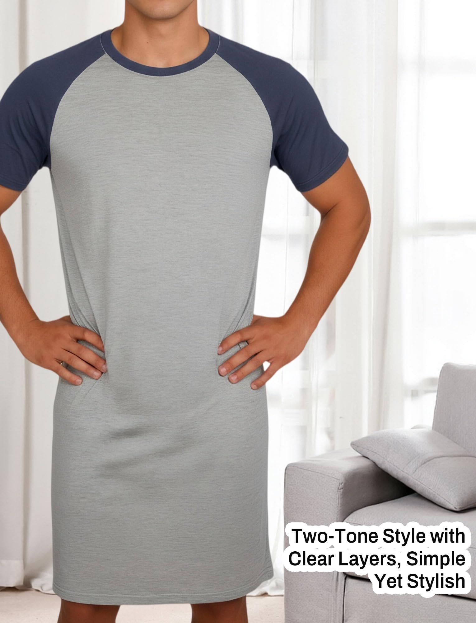 FEOYA Herren Nachthemd Langarm Schlafshirt Kurzarm Männer Einteiliger Schlafanzug Pyjamaoberteil Nachtwäsche Sleepshirt Pyjama Top