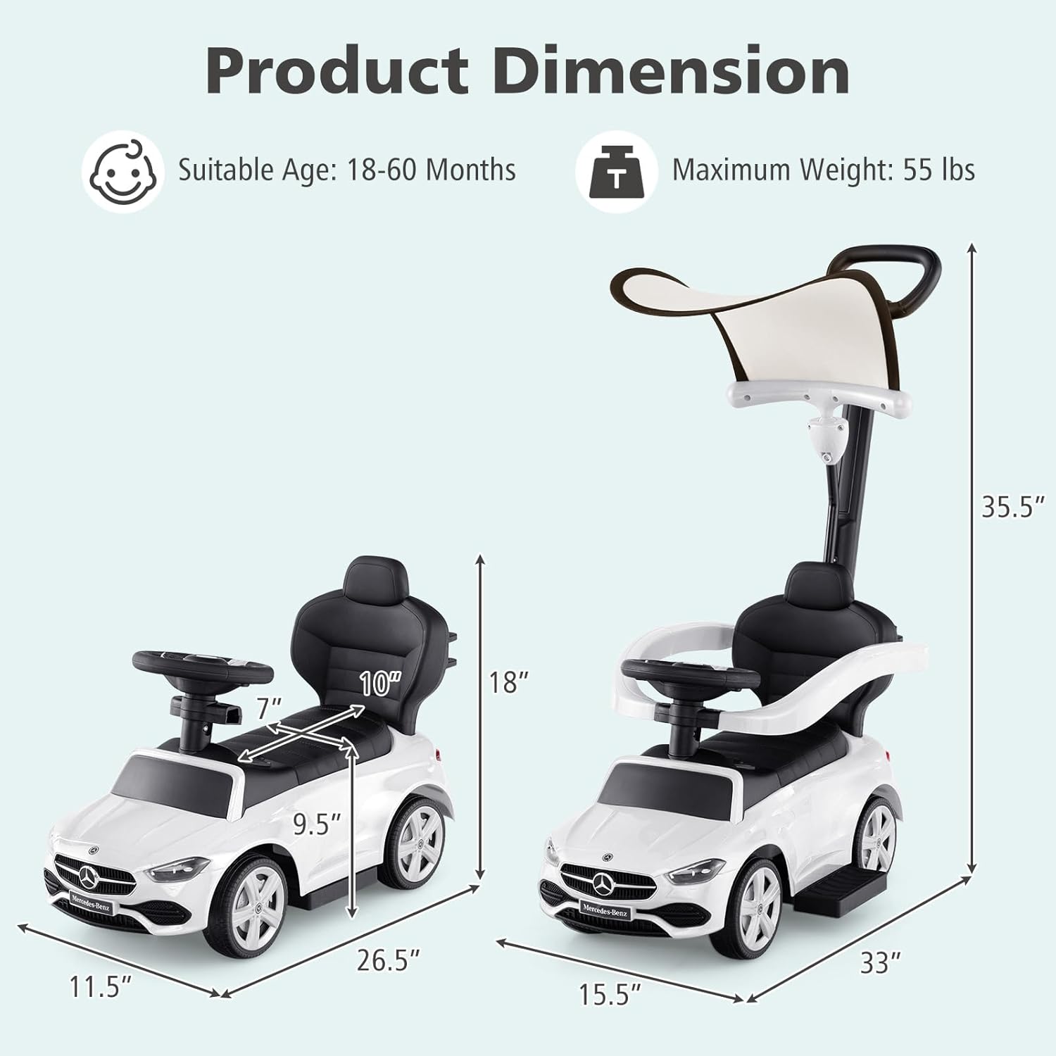 Licensed Mercedes Benz Push Car for Toddlers by INFANS, 3 in 1 Sliding Walking Car with Push Handle, Horn, Music, Underneath Storage, Foot-to-Floor Ride on Toys for Boys Girls, White