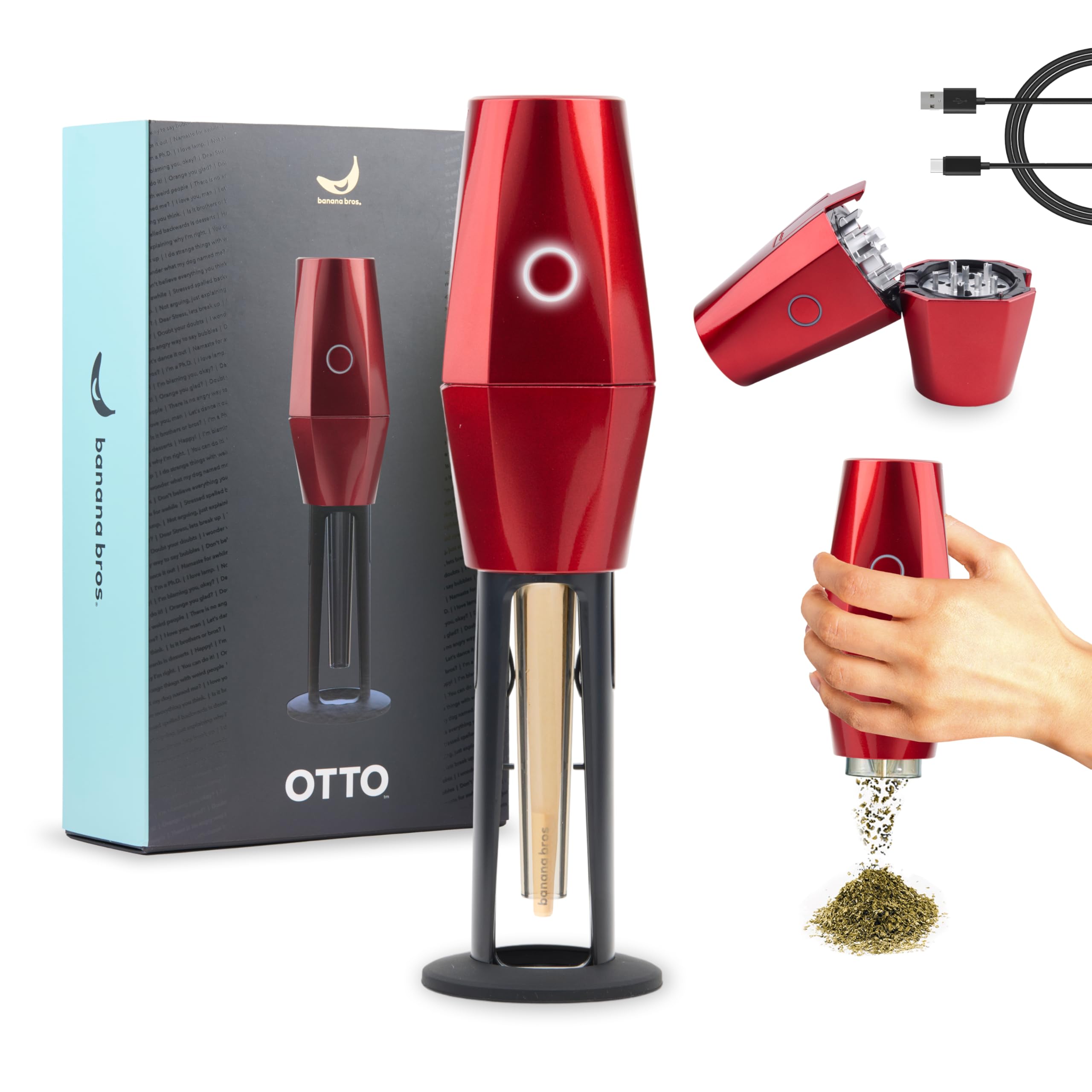 Banana Bros OTTO Electric Smart Spice Grinder - Automatic Herb Grinder with Smart Technology - Rechargeable via USB - Portable Milling for Dry Herbs and Spices - Red - Carrying Case Included