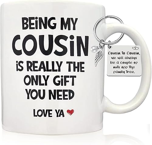 Divertido regalo para primas para mujer, taza de cerámica de 11 onzas, llavero para prima, regalo de cumpleaños para prima, taza de primo favorito,