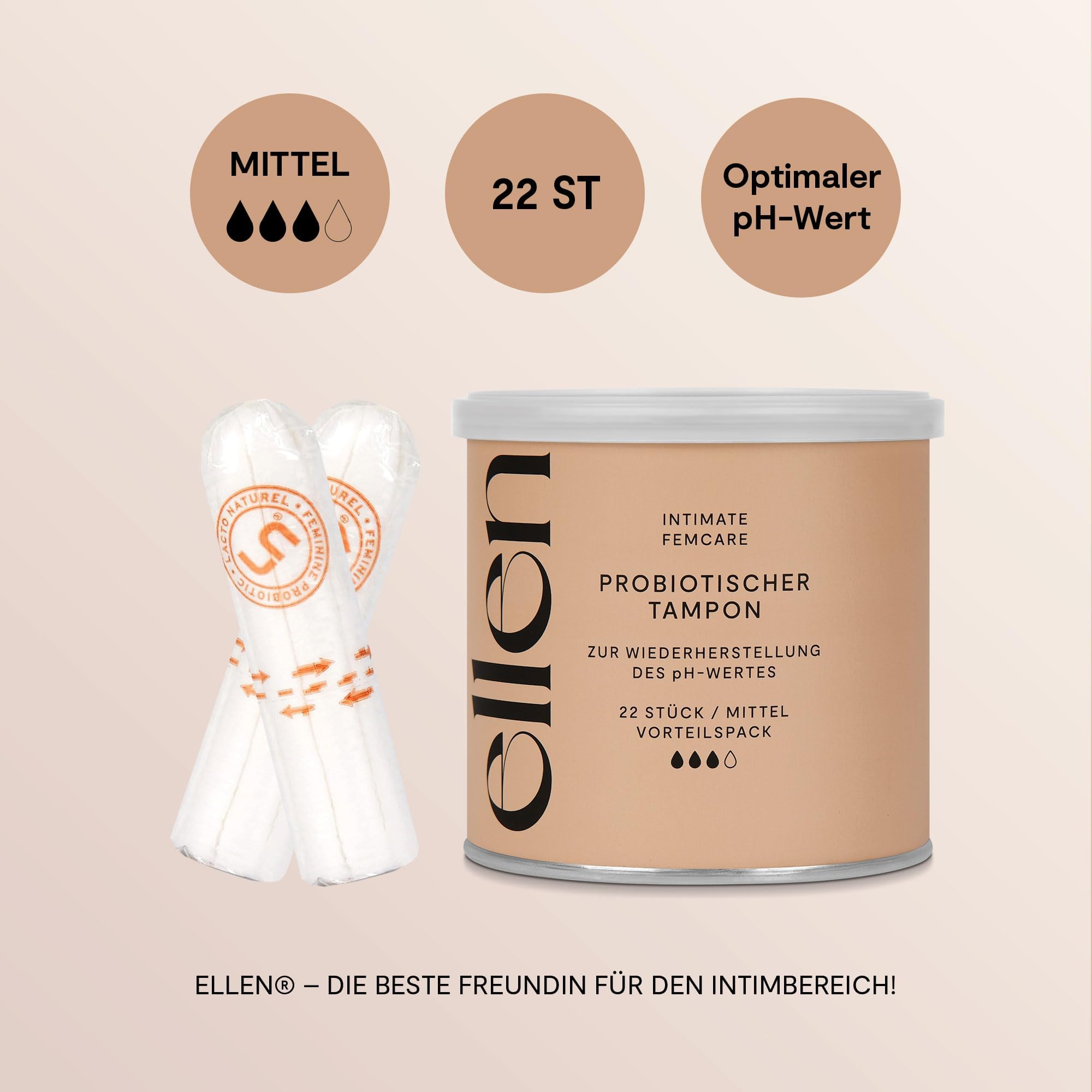 Tampony probiotyczne Normal, 22 sztuki – ellen® tampony wzbogacone probiotykami – delikatna pielęgnacja dla zdrowia pochwy, opakowanie ekonomiczne