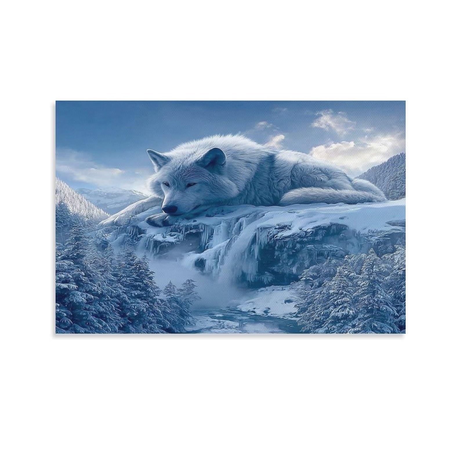 CPLVKWRQJ Snowy Wolf Landscape Individual White Wolf Resting Frosty Rocky Mountain Cliff Canvas Wall Decor - Nursery Wall Hanging Space Saving Removable Ready to Hang 24x36inch(60x90cm)