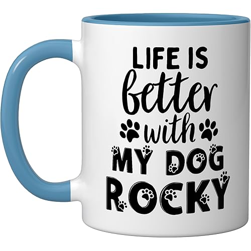 Dog Name Rocky Life Is Better With My Dog Named Rocky Ceramic Mug, Blue/White